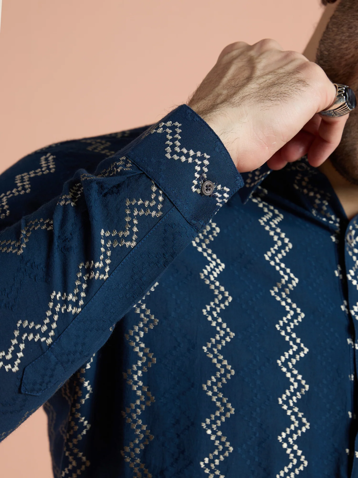 Navy Blue Cotton Jacquard Pathani Kurta - Image 6