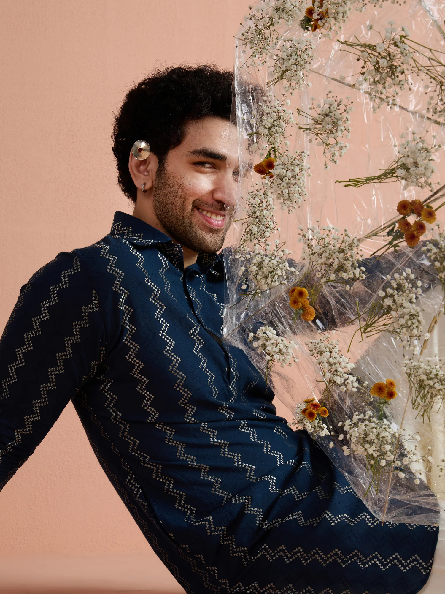 Navy Blue Cotton Jacquard Pathani Kurta - Image 7