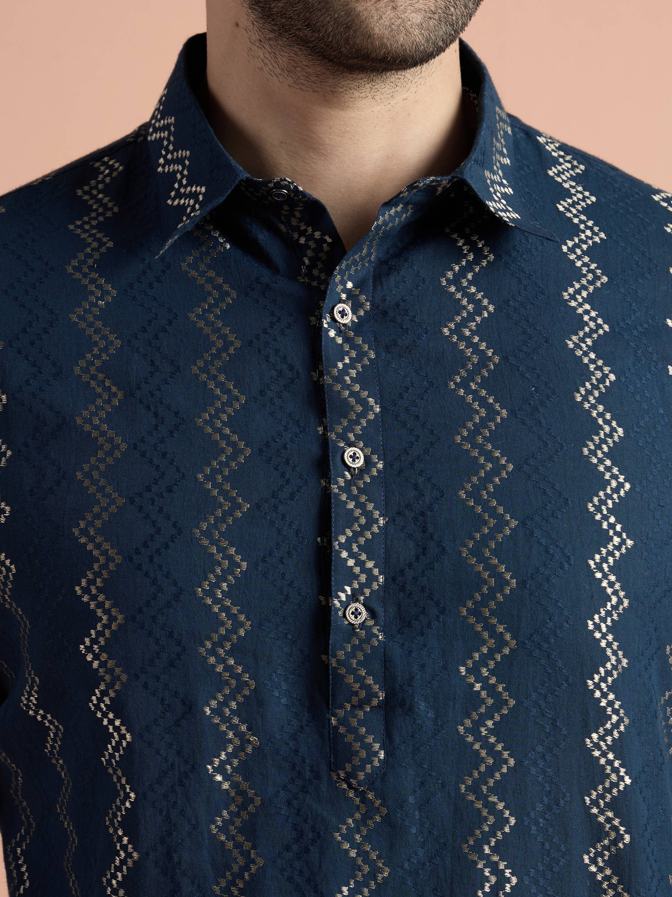 Navy Blue Cotton Jacquard Pathani Kurta - Image 8