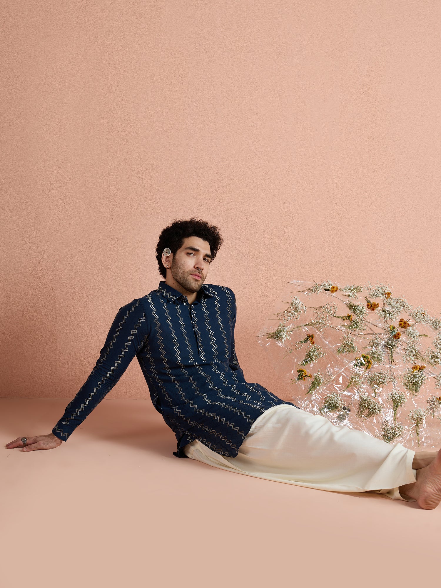 Navy Blue Cotton Jacquard Pathani Kurta - Image 9