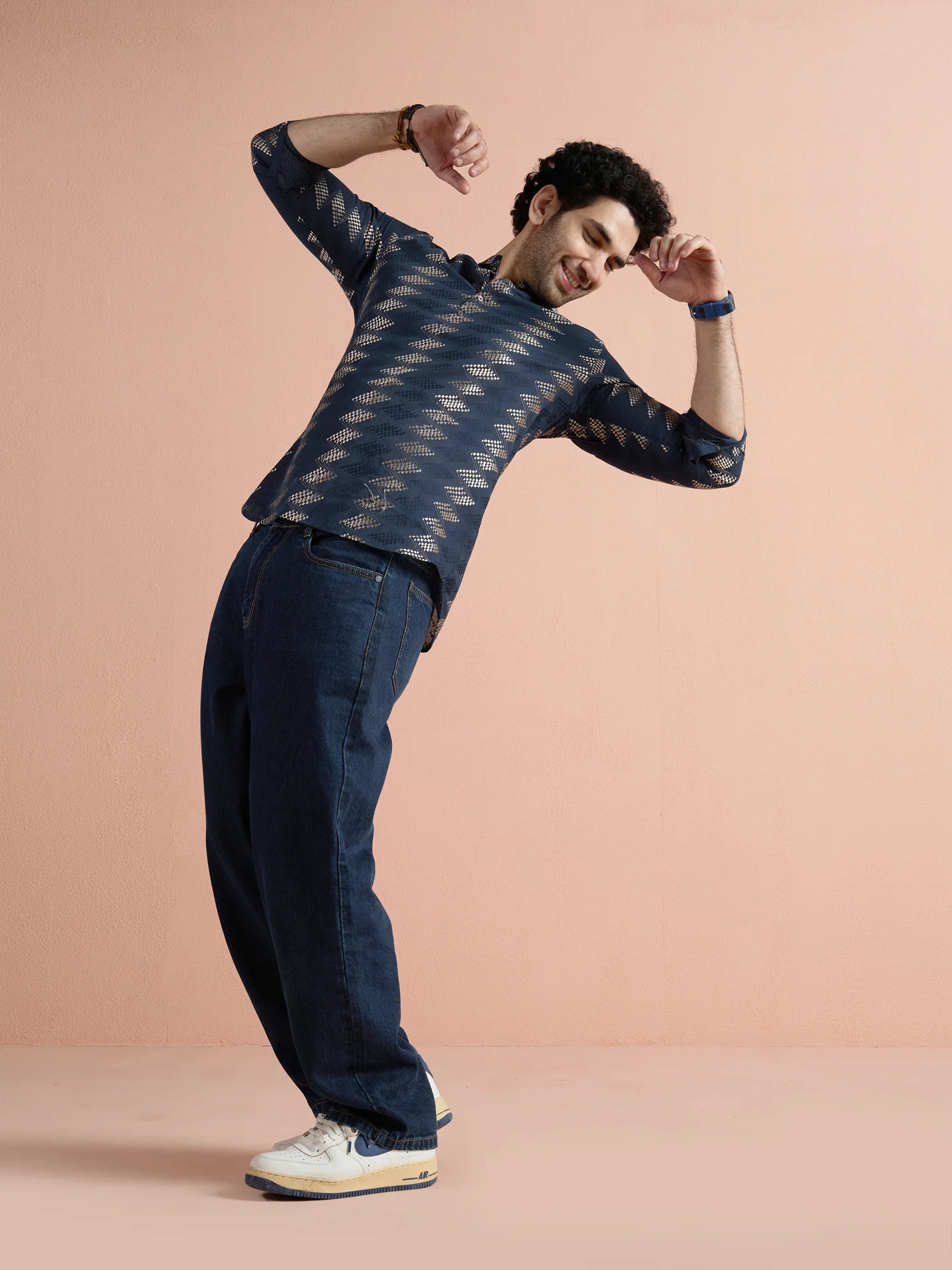 Navy Blue Cotton Jacquard Short Kurta