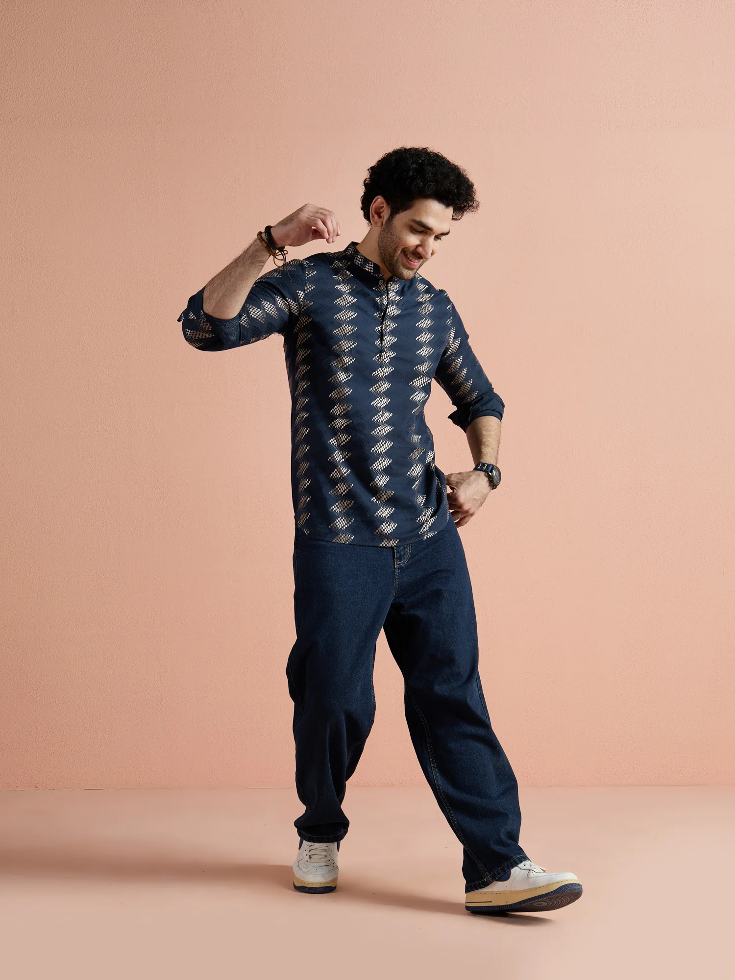 Navy Blue Cotton Jacquard Short Kurta - Image 2