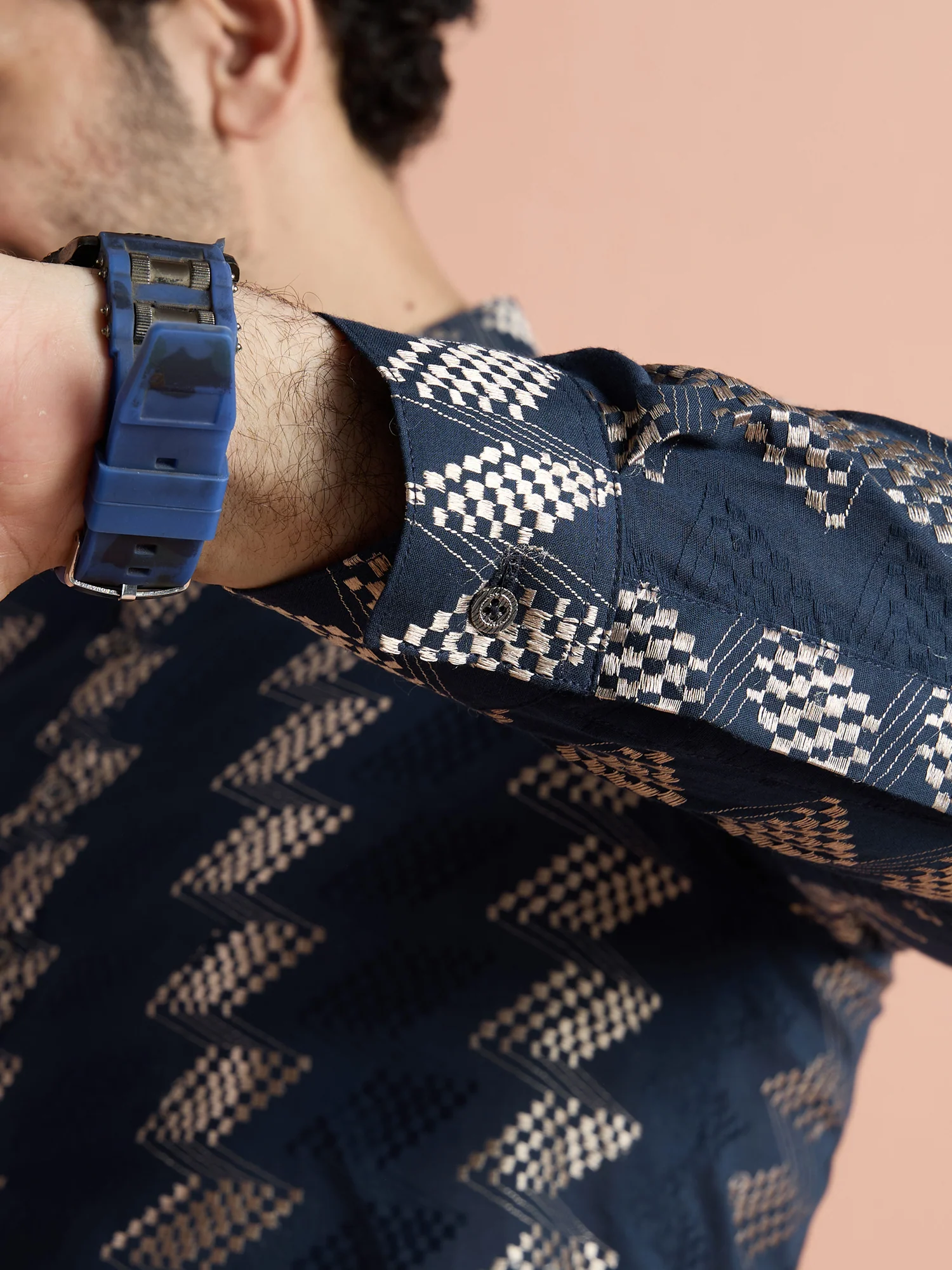 Navy Blue Cotton Jacquard Short Kurta - Image 5