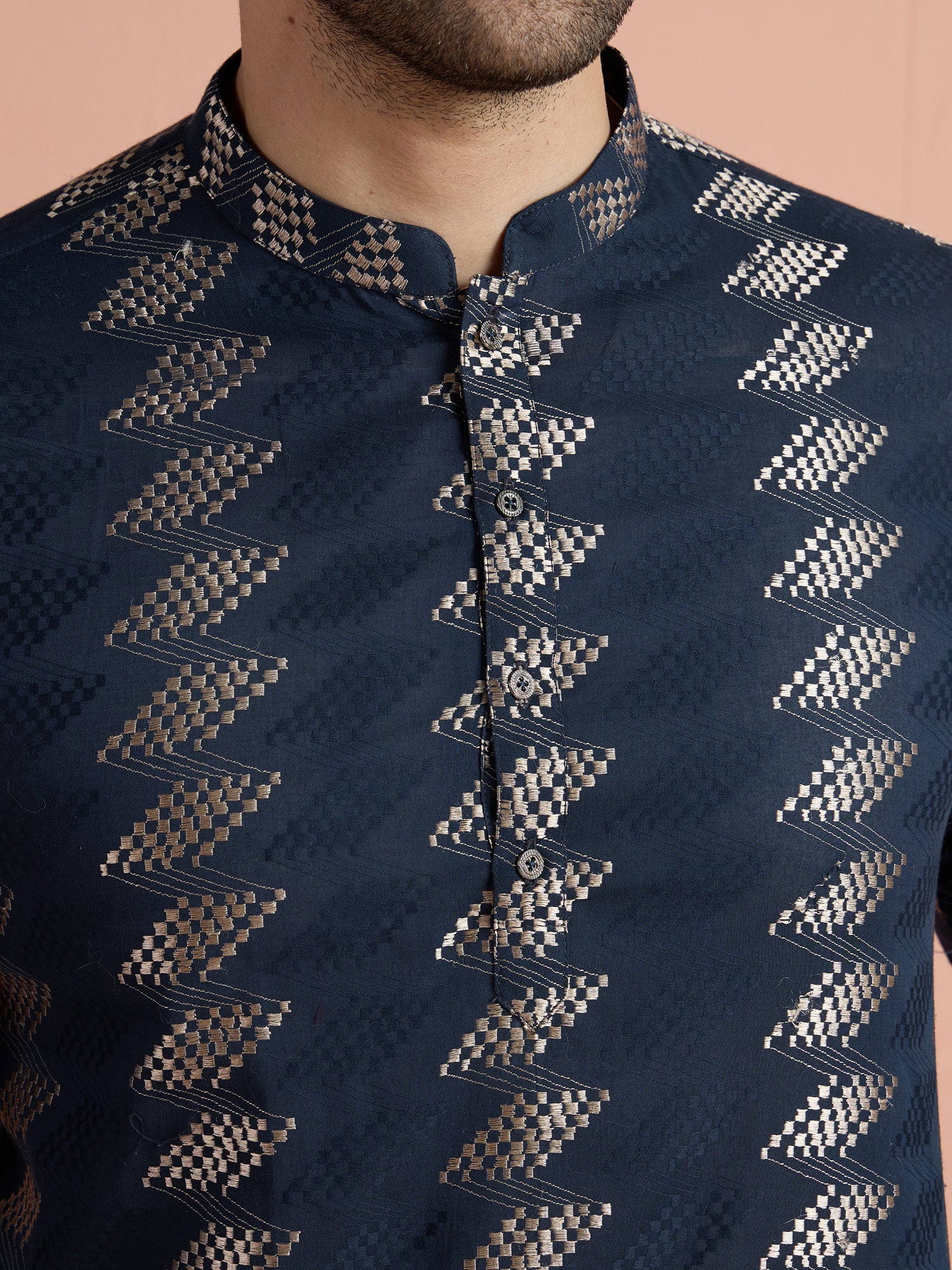Navy Blue Cotton Jacquard Short Kurta - Image 6