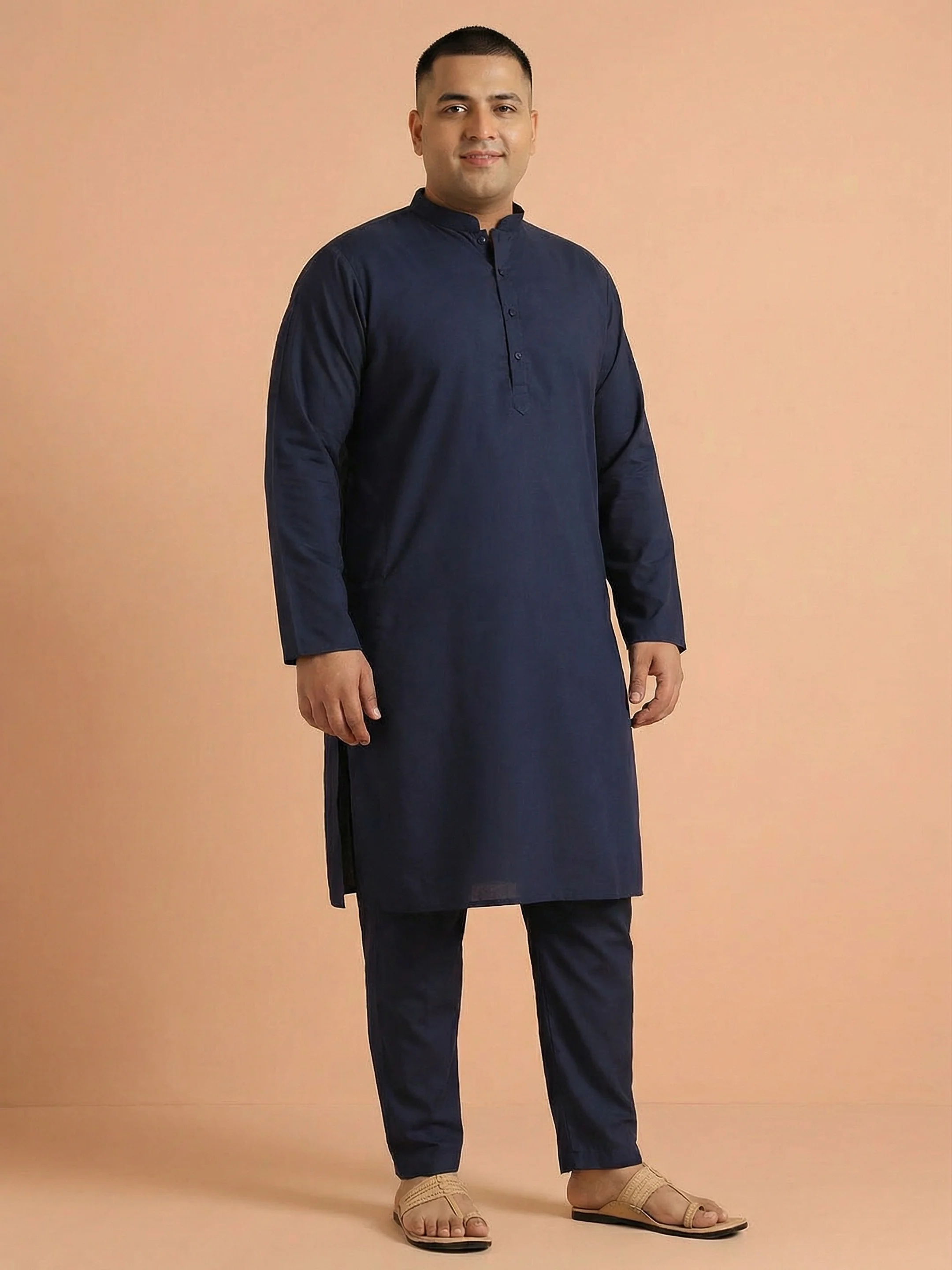 Navy Blue Cotton Plain Kurta