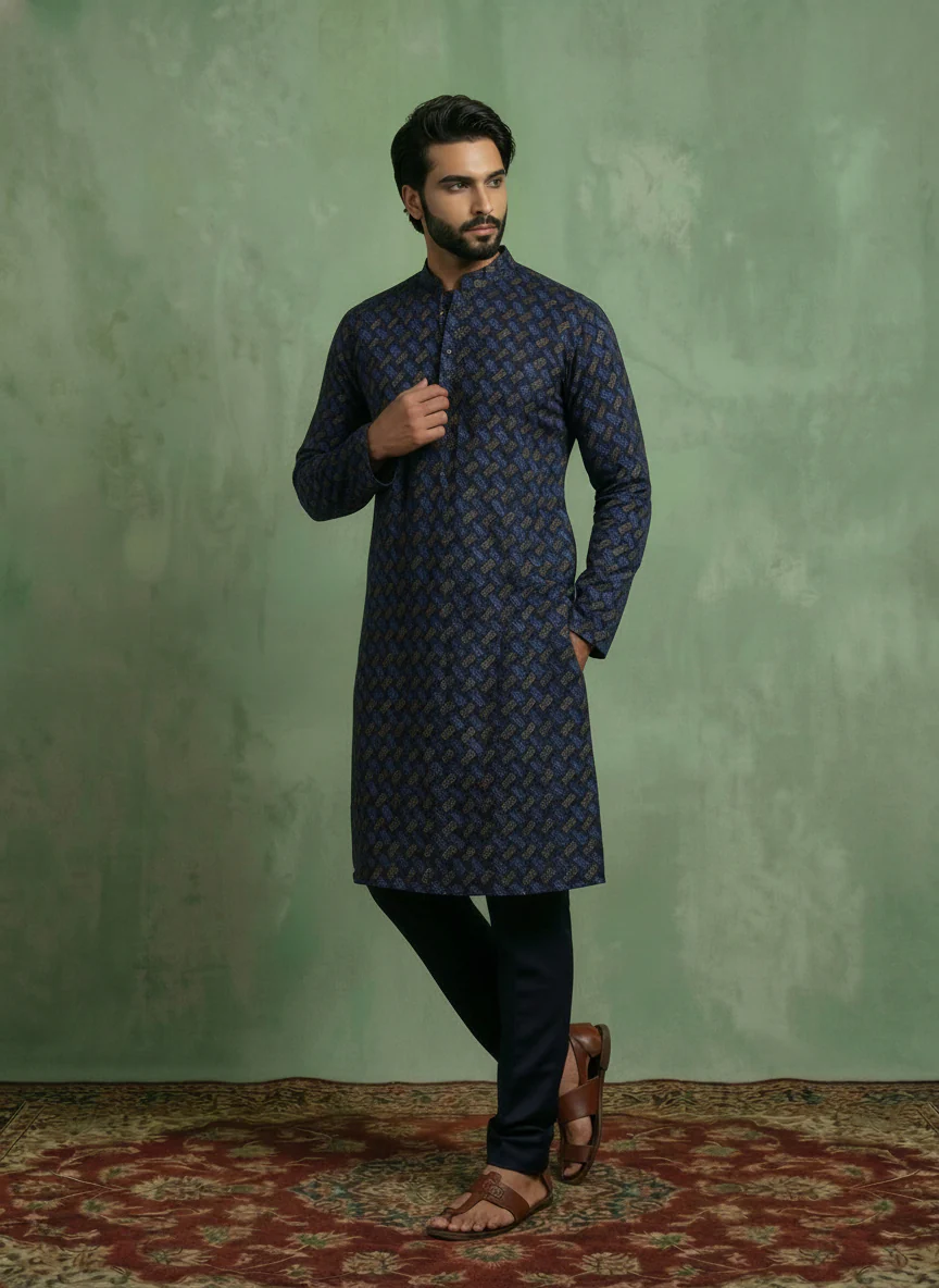 Navy Blue Cotton Printed Long Kurta