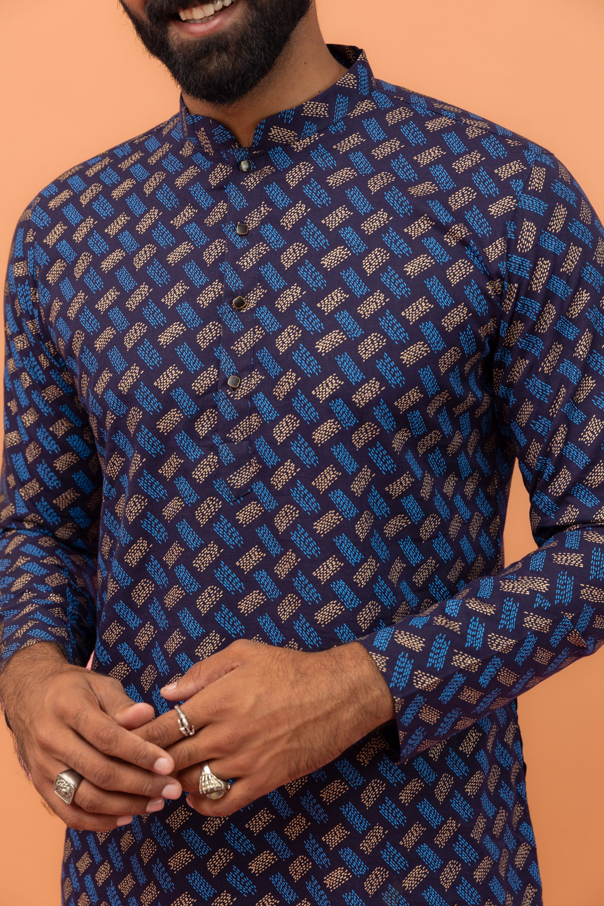 Navy Blue Cotton Printed Long Kurta - Image 5