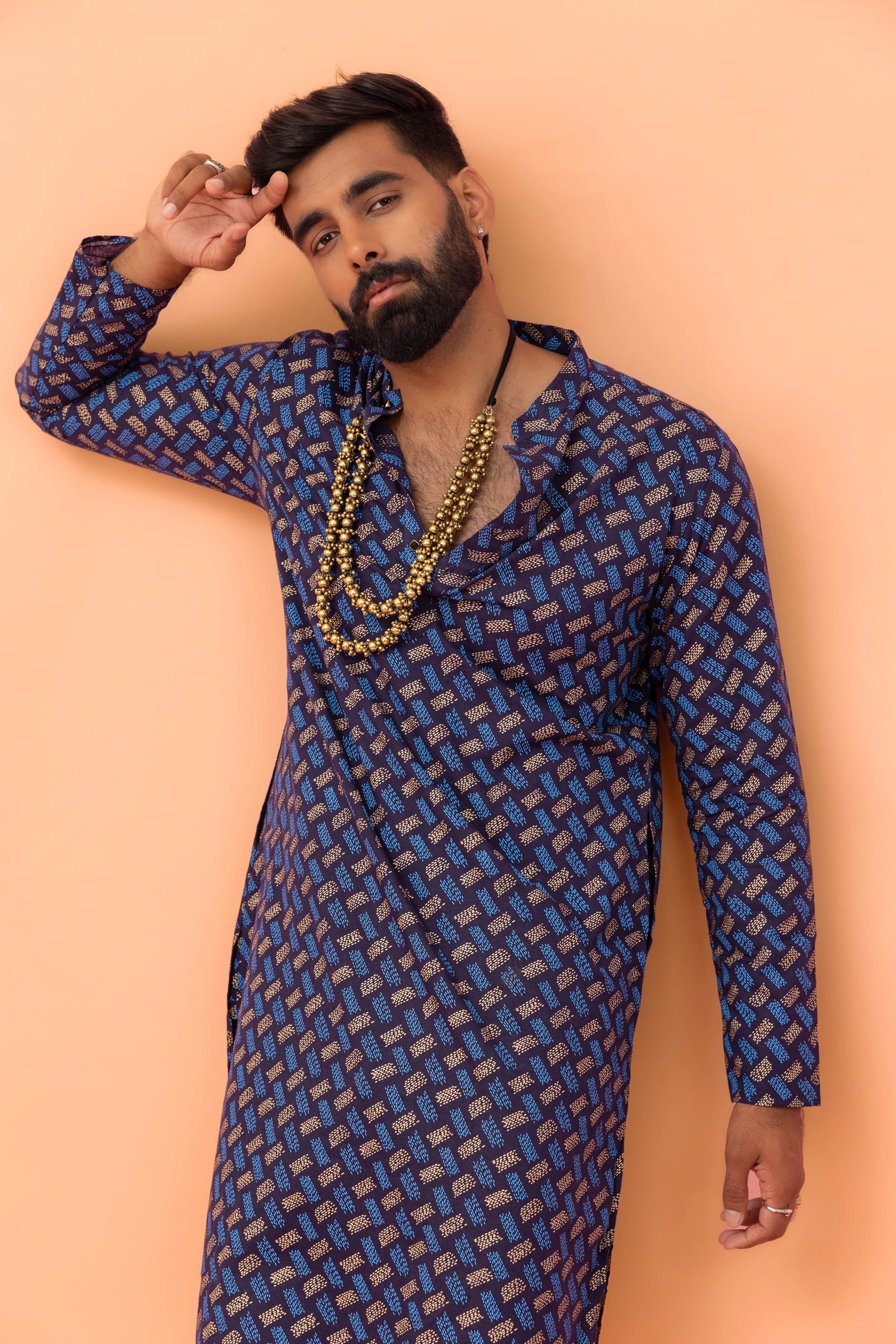 Navy Blue Cotton Printed Long Kurta - Image 6