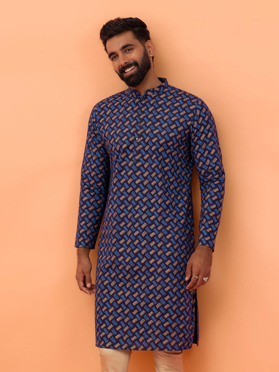 Navy Blue Cotton Printed Long Kurta - Image 8