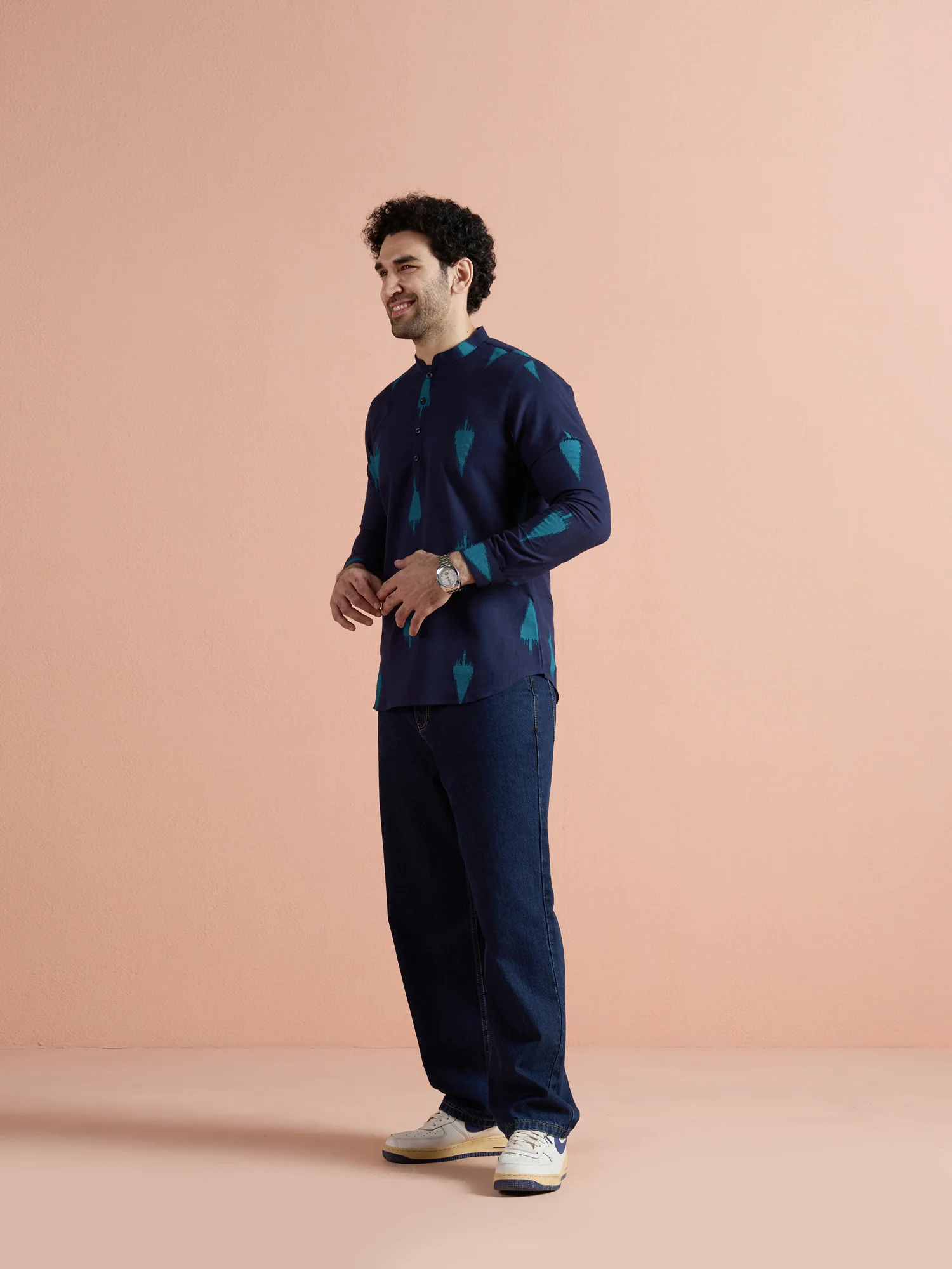 Navy Blue Cotton Printed Short Kurta - Image 3