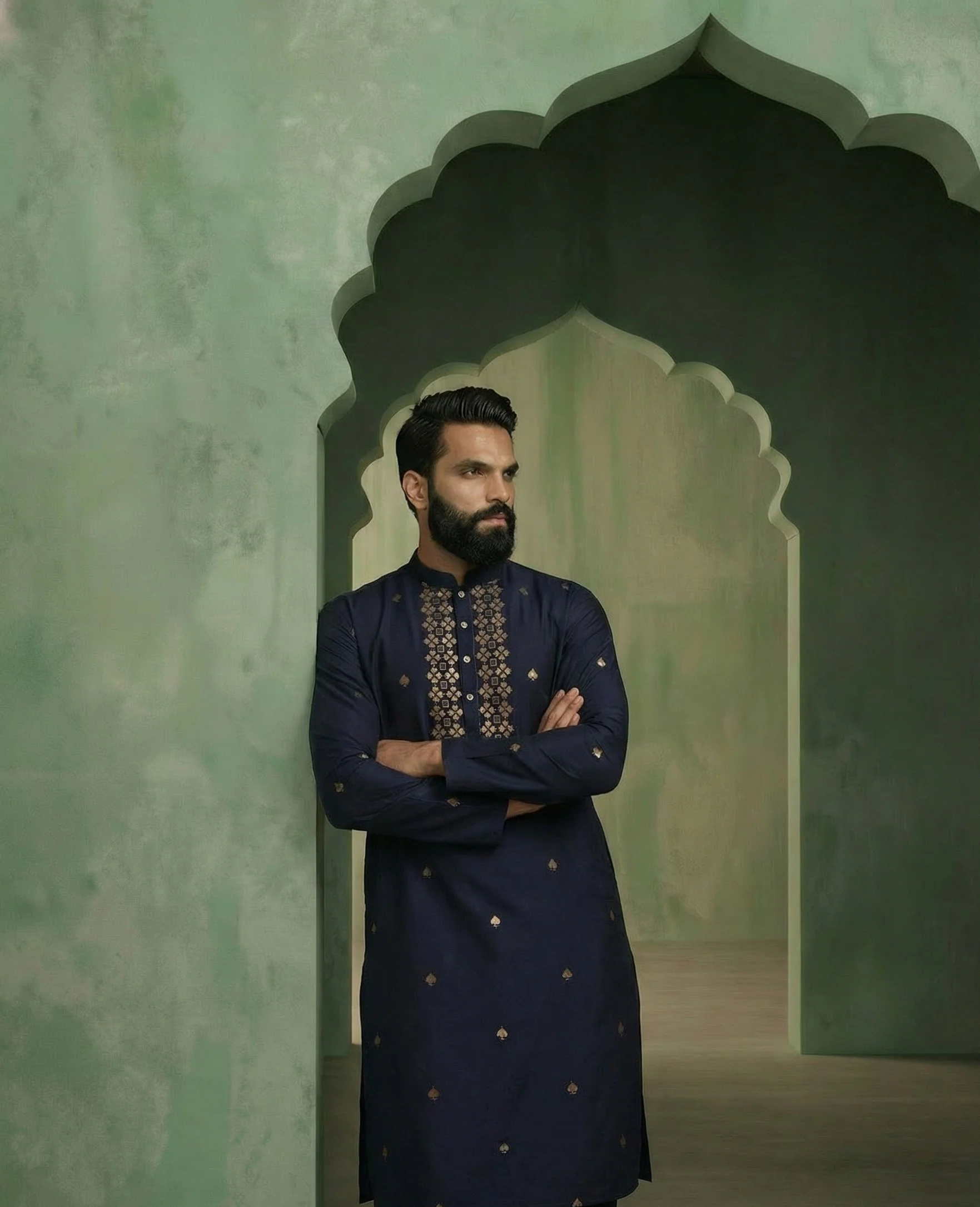 Navy Blue Cotton Silk Embroidered Kurta