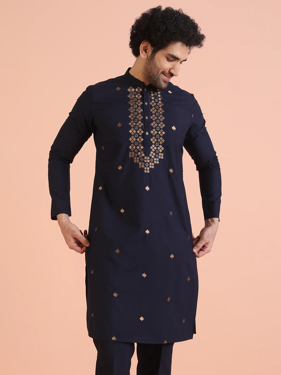 Navy Blue Cotton Silk Embroidered Kurta - Image 7