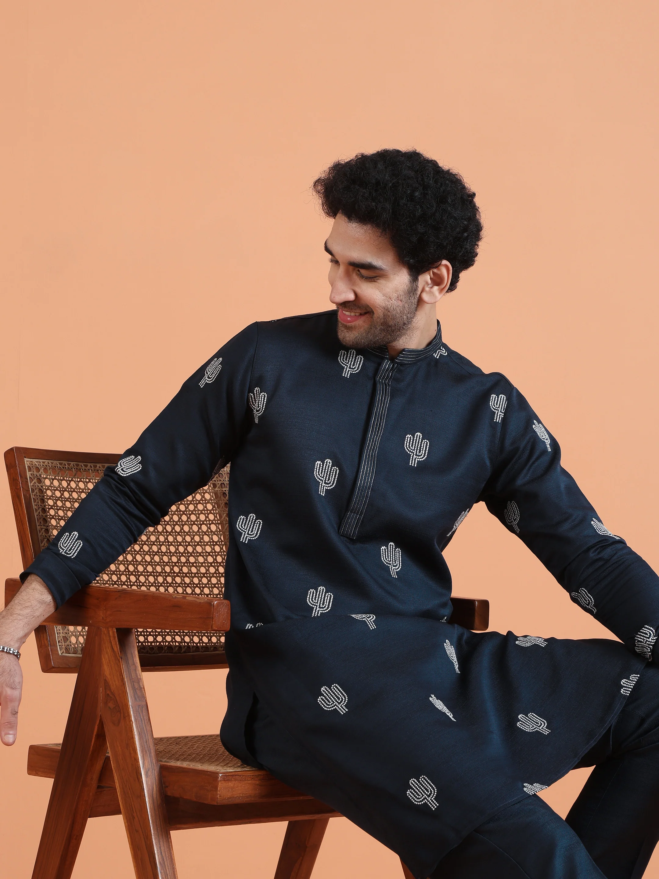 Navy Blue Cotton Silk Embroidered Kurta