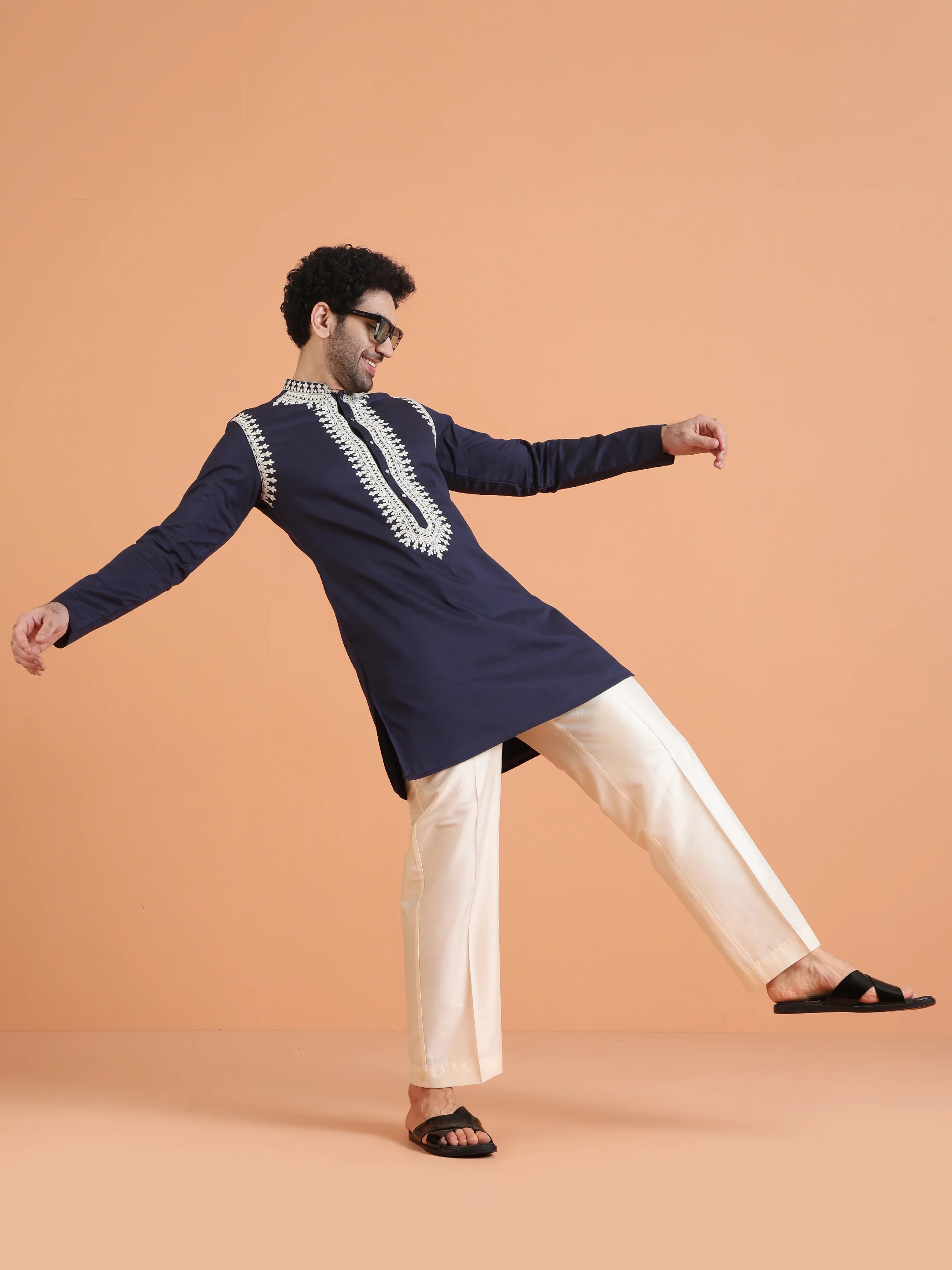 Navy Blue Cotton Silk Embroidered Mid Kurta - Image 7