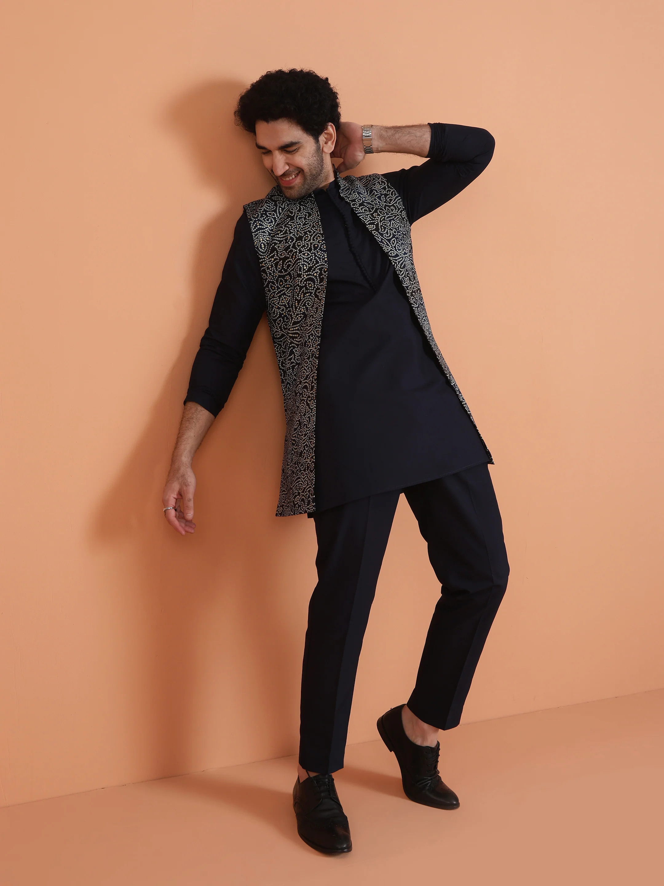 Navy Blue Cotton Silk Mirror Jacket Kurta Trouser Set