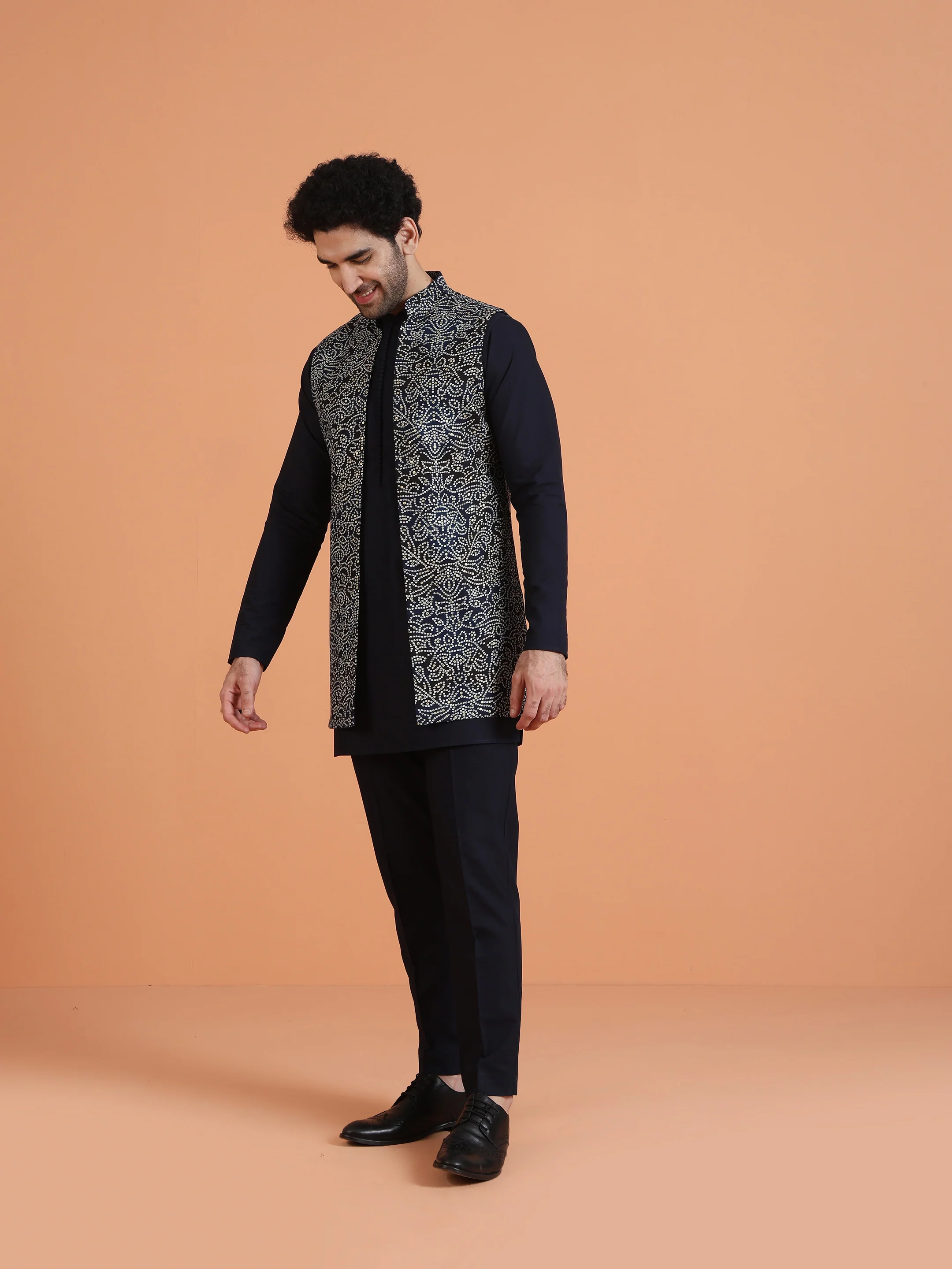 Navy Blue Cotton Silk Mirror Jacket Kurta Trouser Set - Image 2