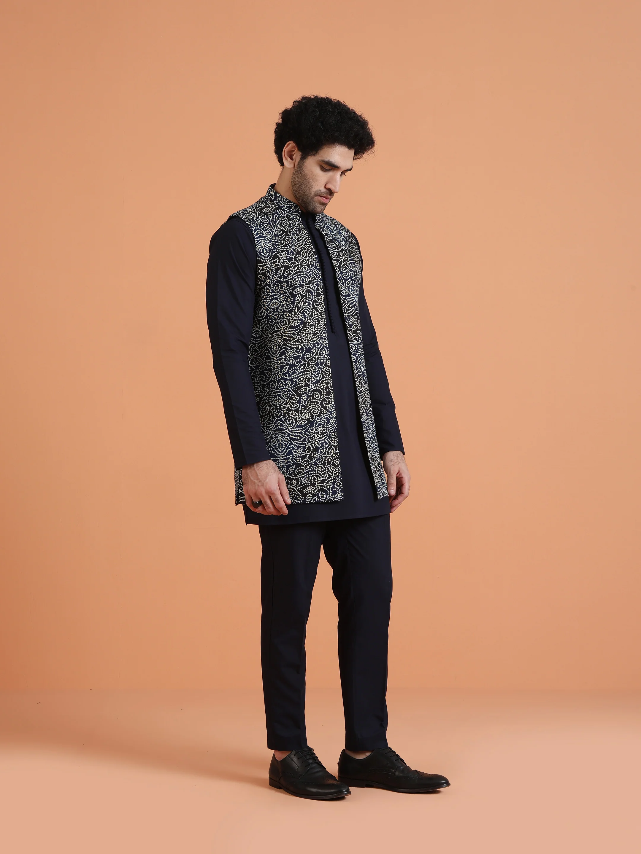 Navy Blue Cotton Silk Mirror Jacket Kurta Trouser Set - Image 3