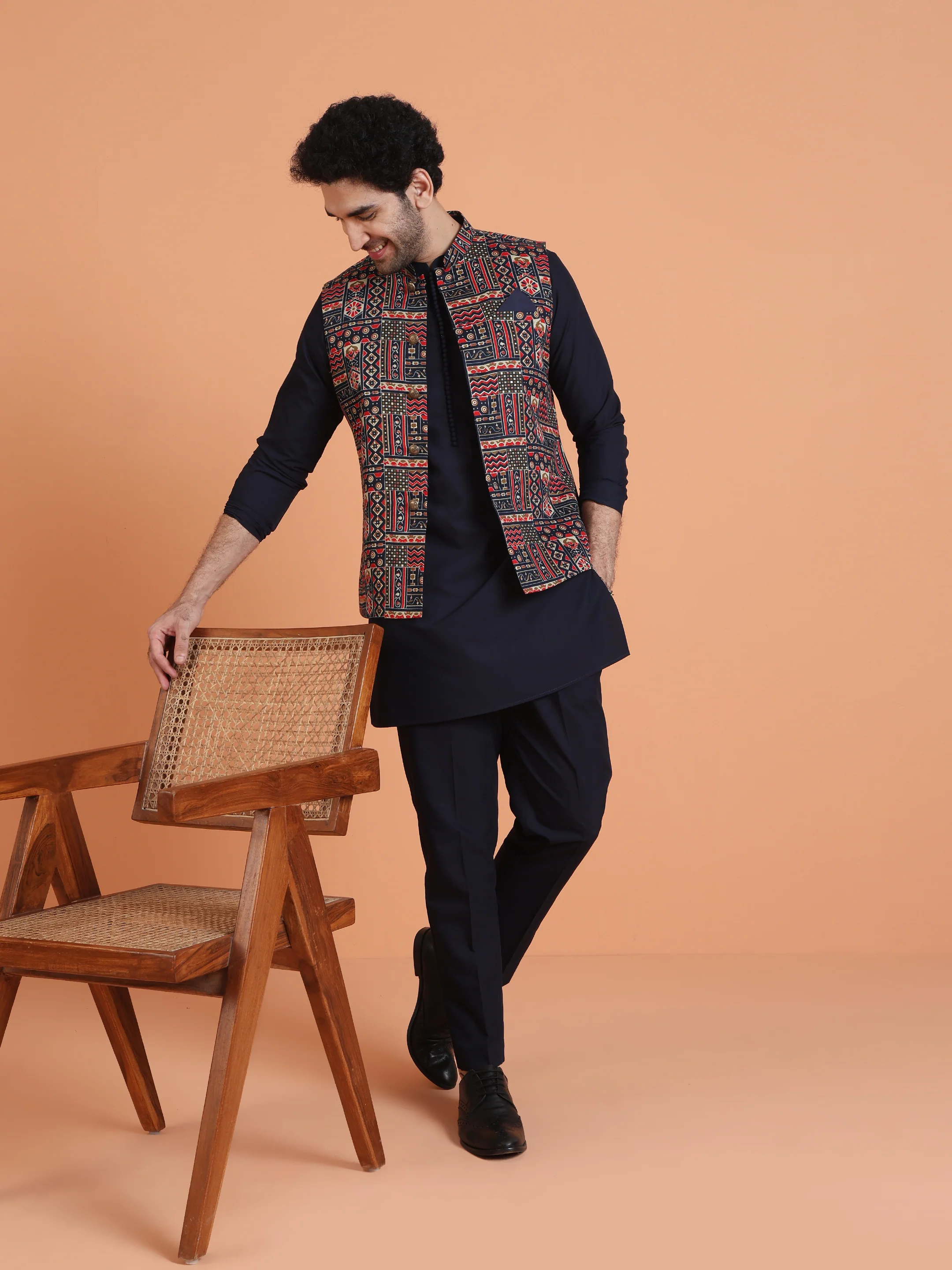 Navy Blue Cotton Silk Printed Jacket Kurta Trouser Set