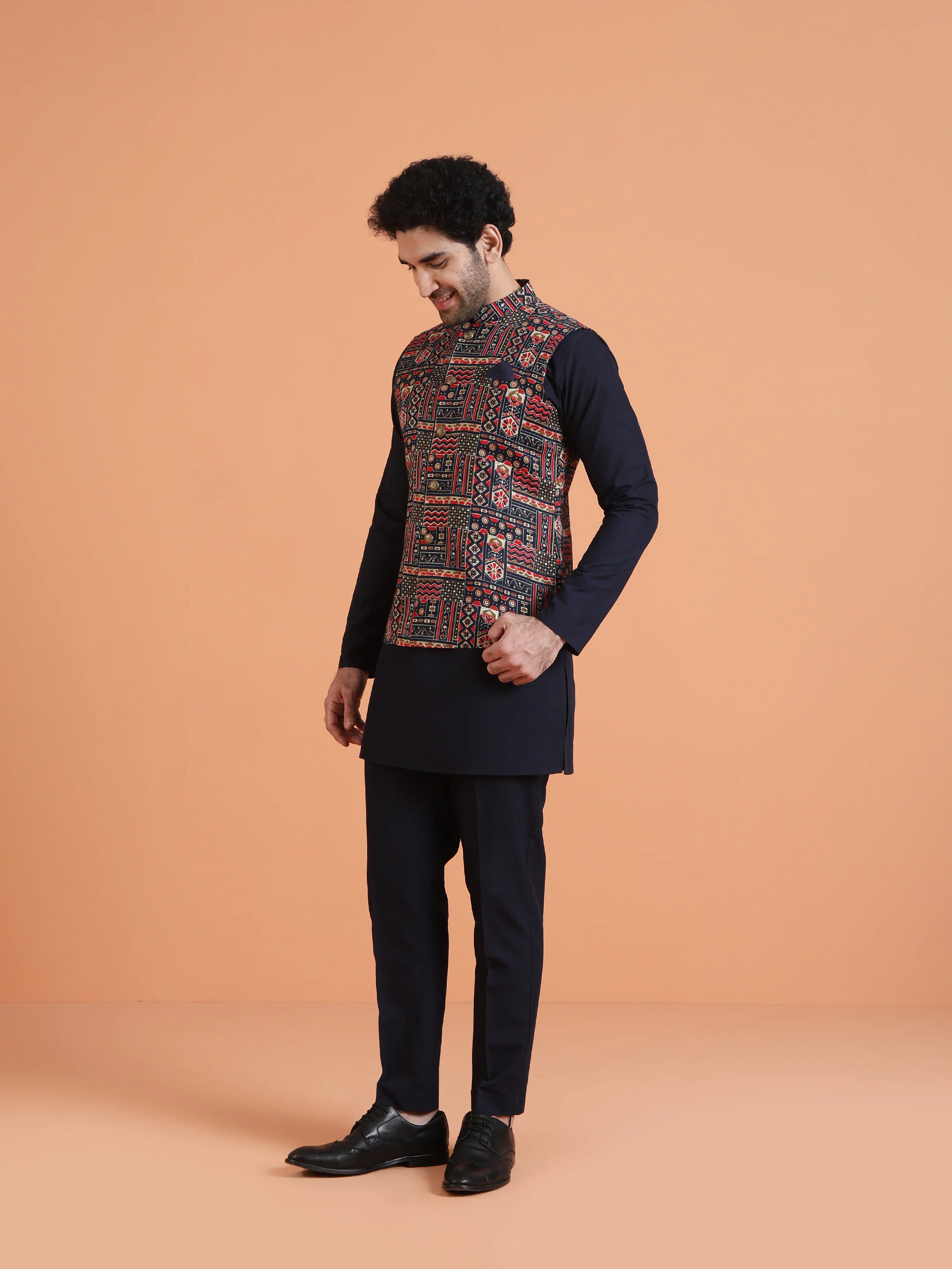 Navy Blue Cotton Silk Printed Jacket Kurta Trouser Set - Image 3