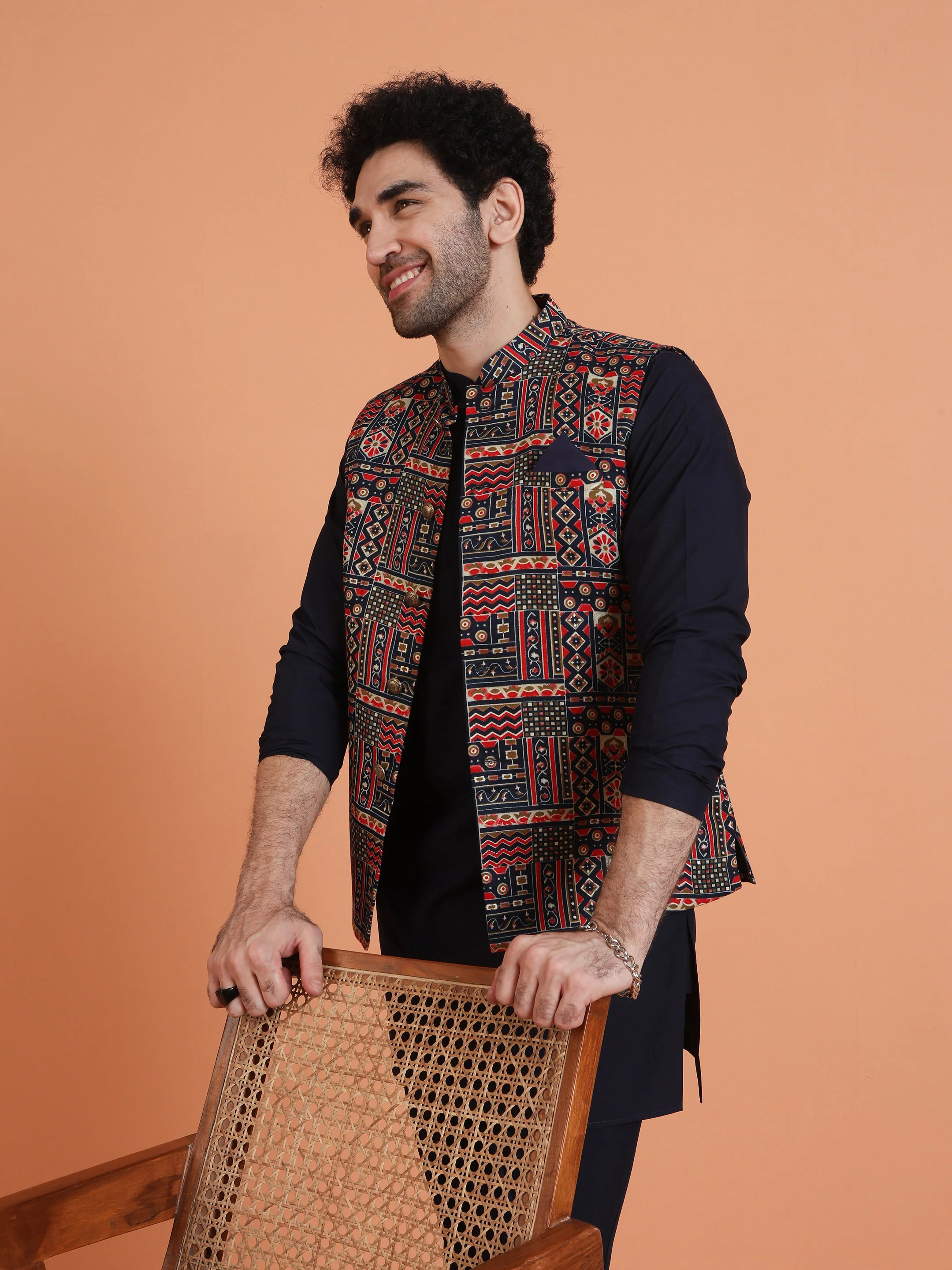 Navy Blue Cotton Silk Printed Jacket Kurta Trouser Set - Image 8