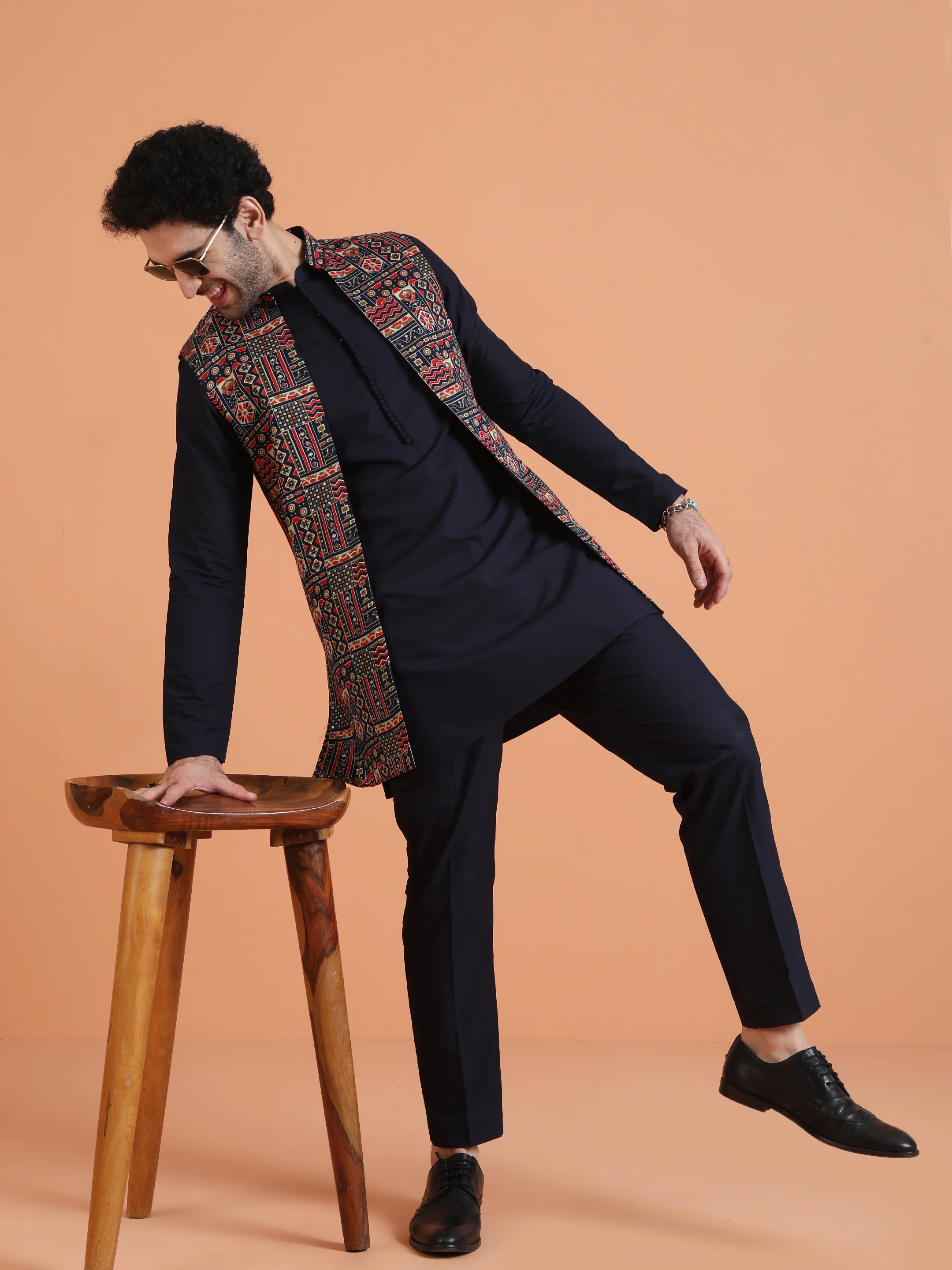 Navy Blue Cotton Silk Printed Jacket Kurta Trouser Set