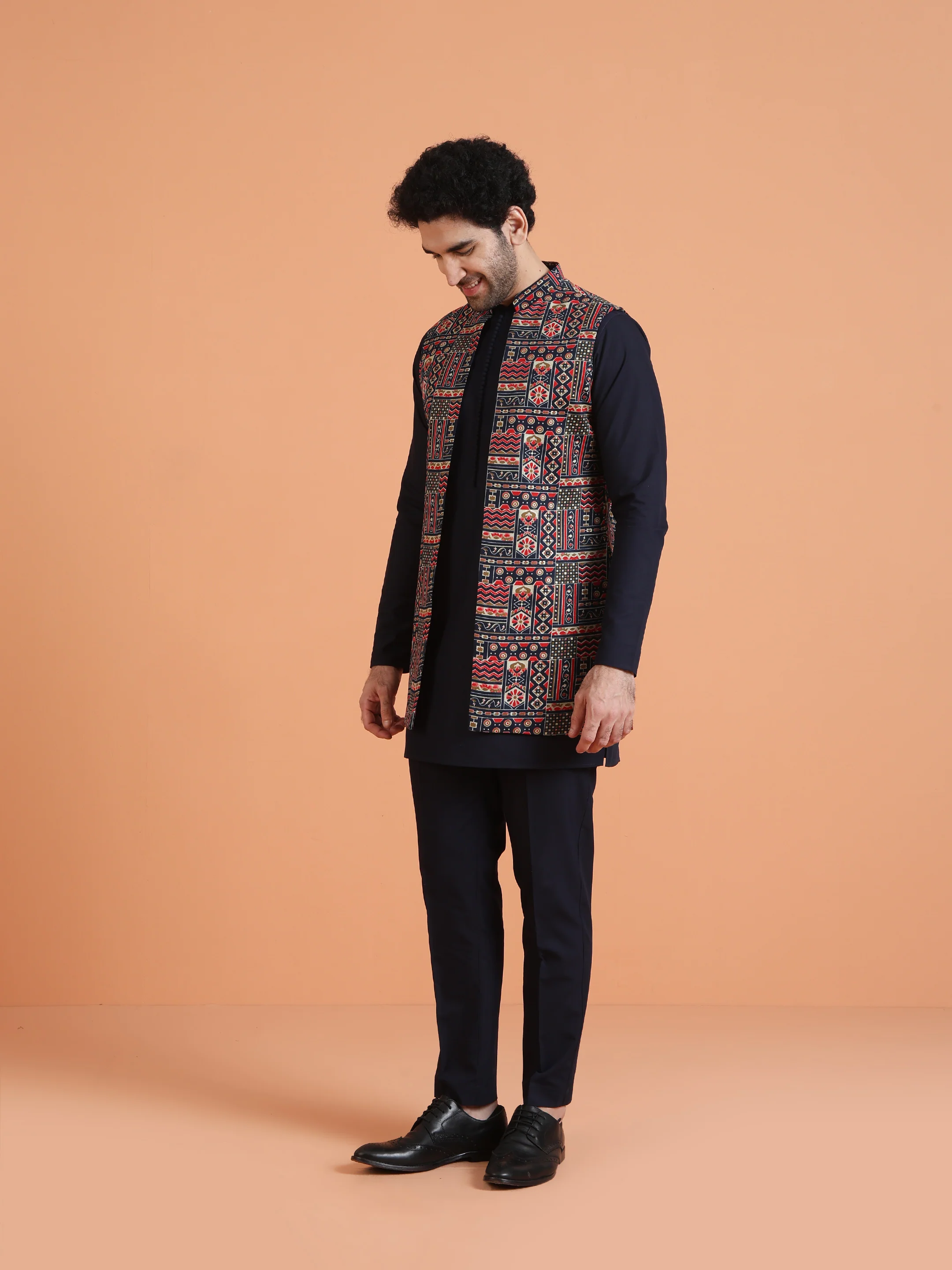 Navy Blue Cotton Silk Printed Jacket Kurta Trouser Set - Image 2