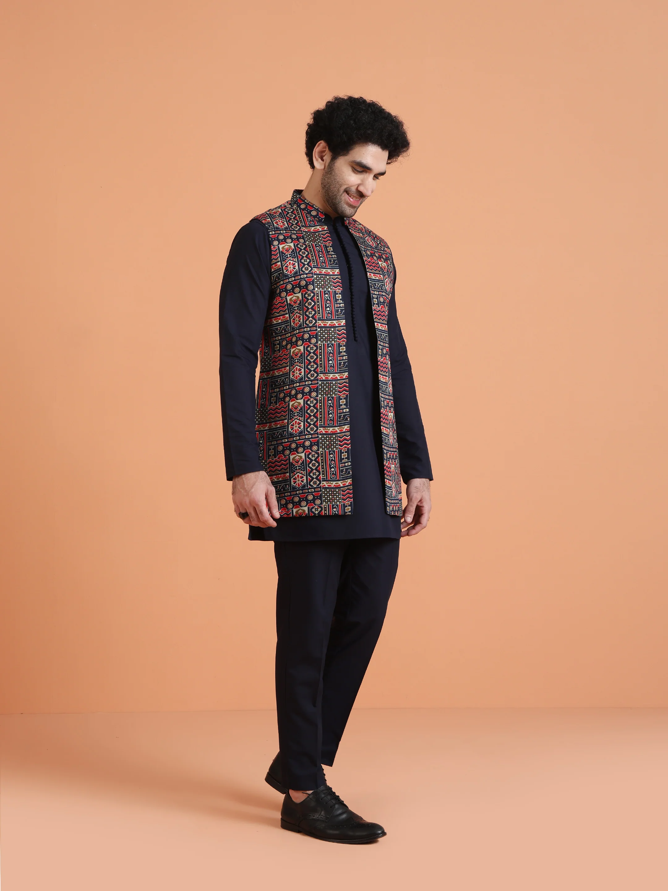 Navy Blue Cotton Silk Printed Jacket Kurta Trouser Set - Image 3