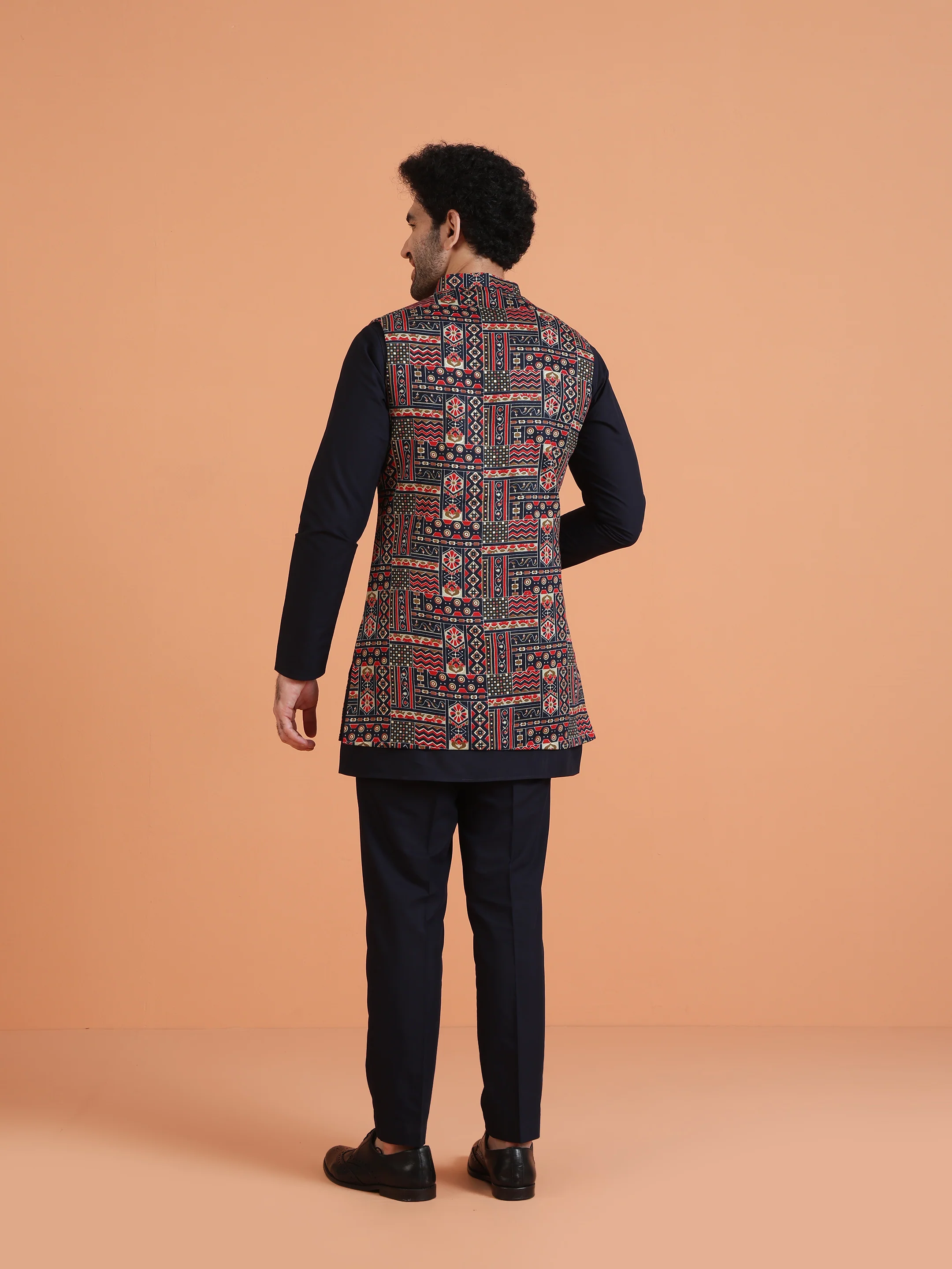 Navy Blue Cotton Silk Printed Jacket Kurta Trouser Set - Image 4