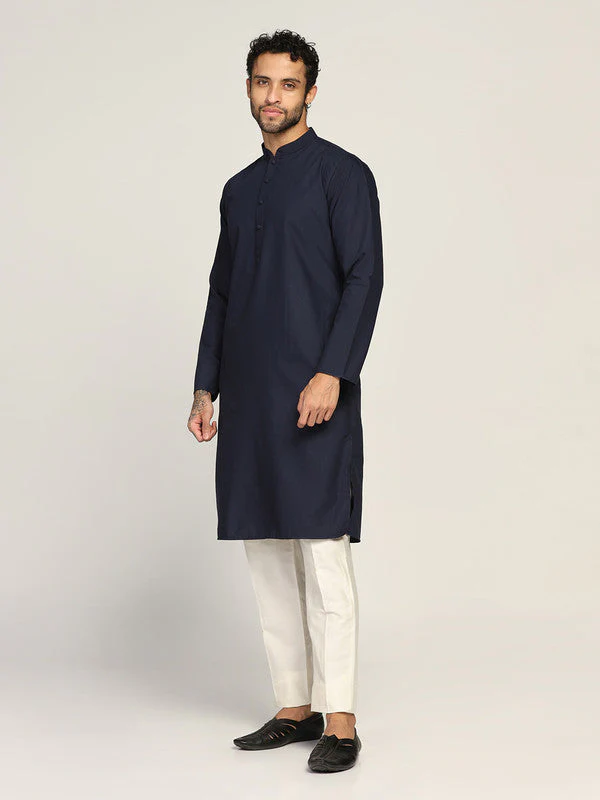 Navy Blue Cotton Silk Solid Kurta Trouser Set - Image 3