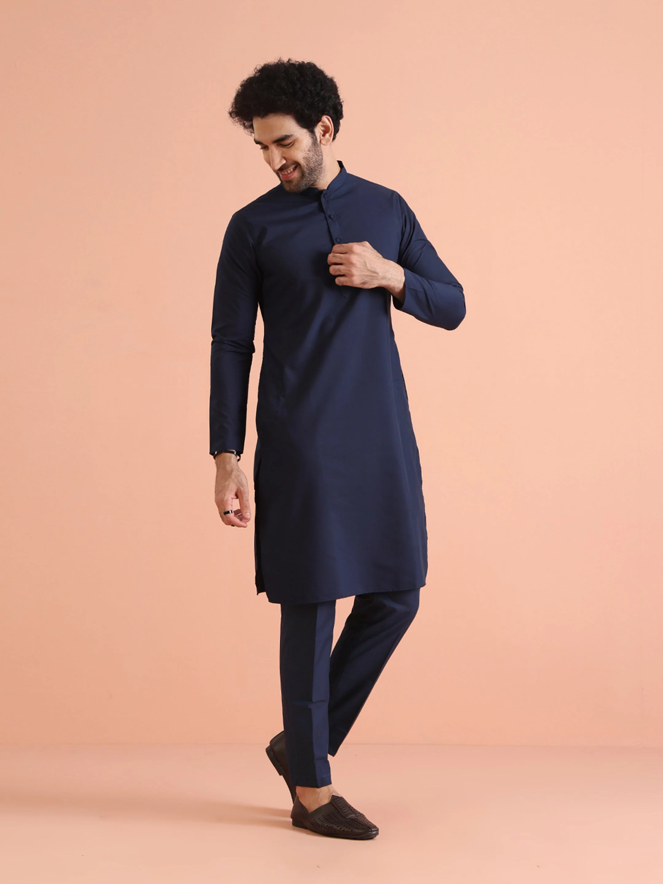 Navy Blue Cotton Silk Solid Kurta Trouser Set
