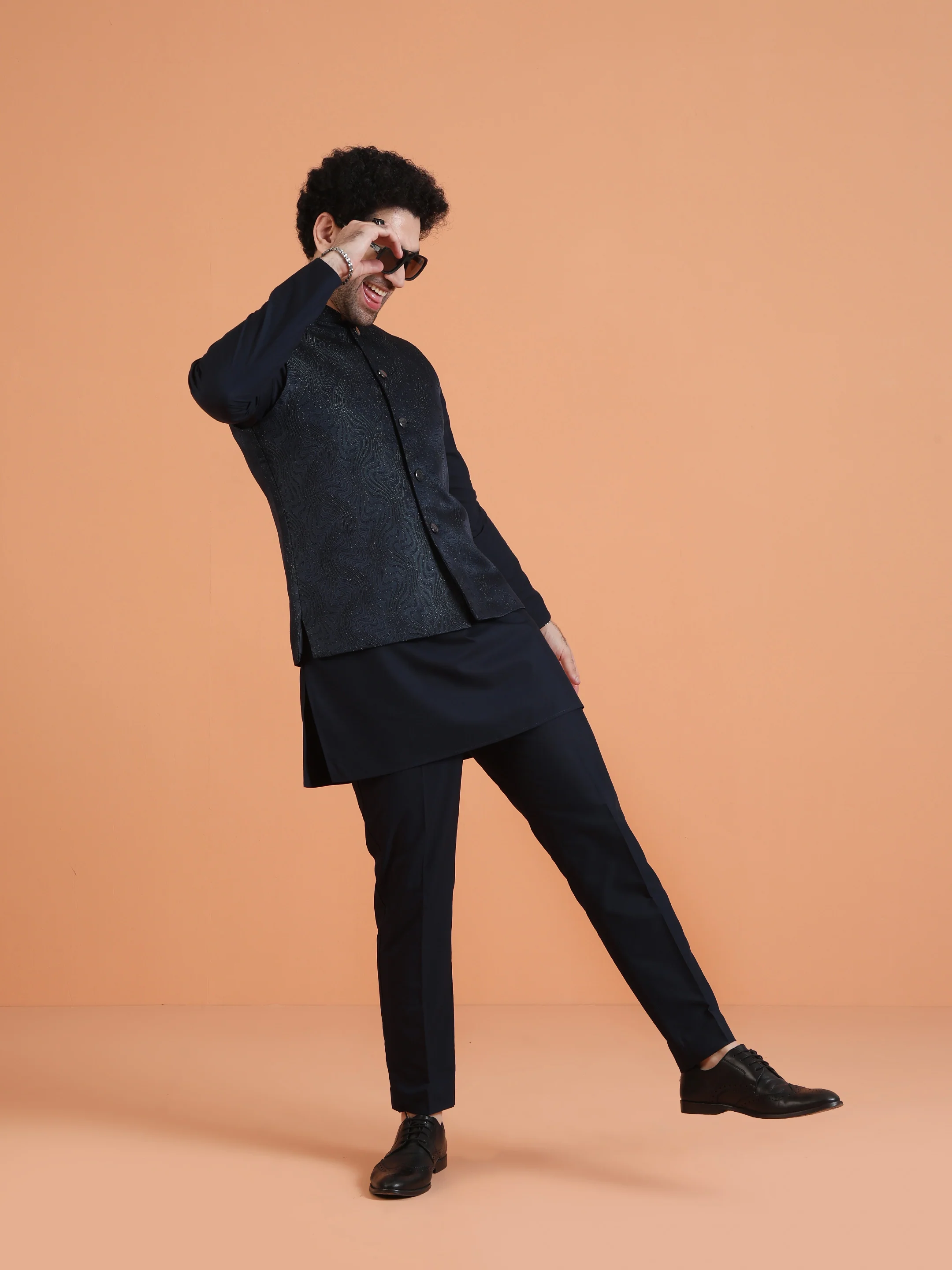 Navy Blue Cotton Silk Textured Jacket Kurta Trouser Set