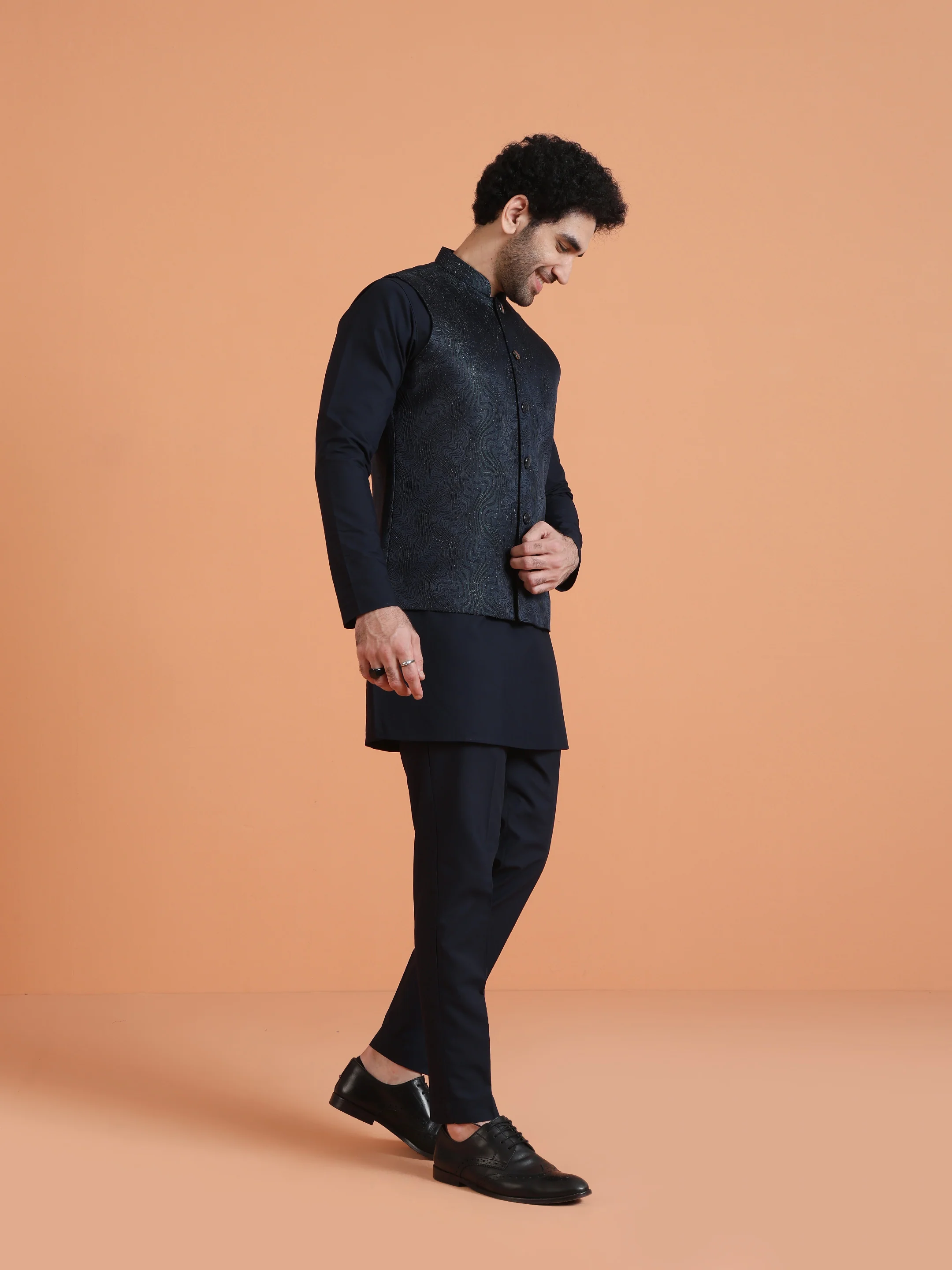 Navy Blue Cotton Silk Textured Jacket Kurta Trouser Set - Image 3