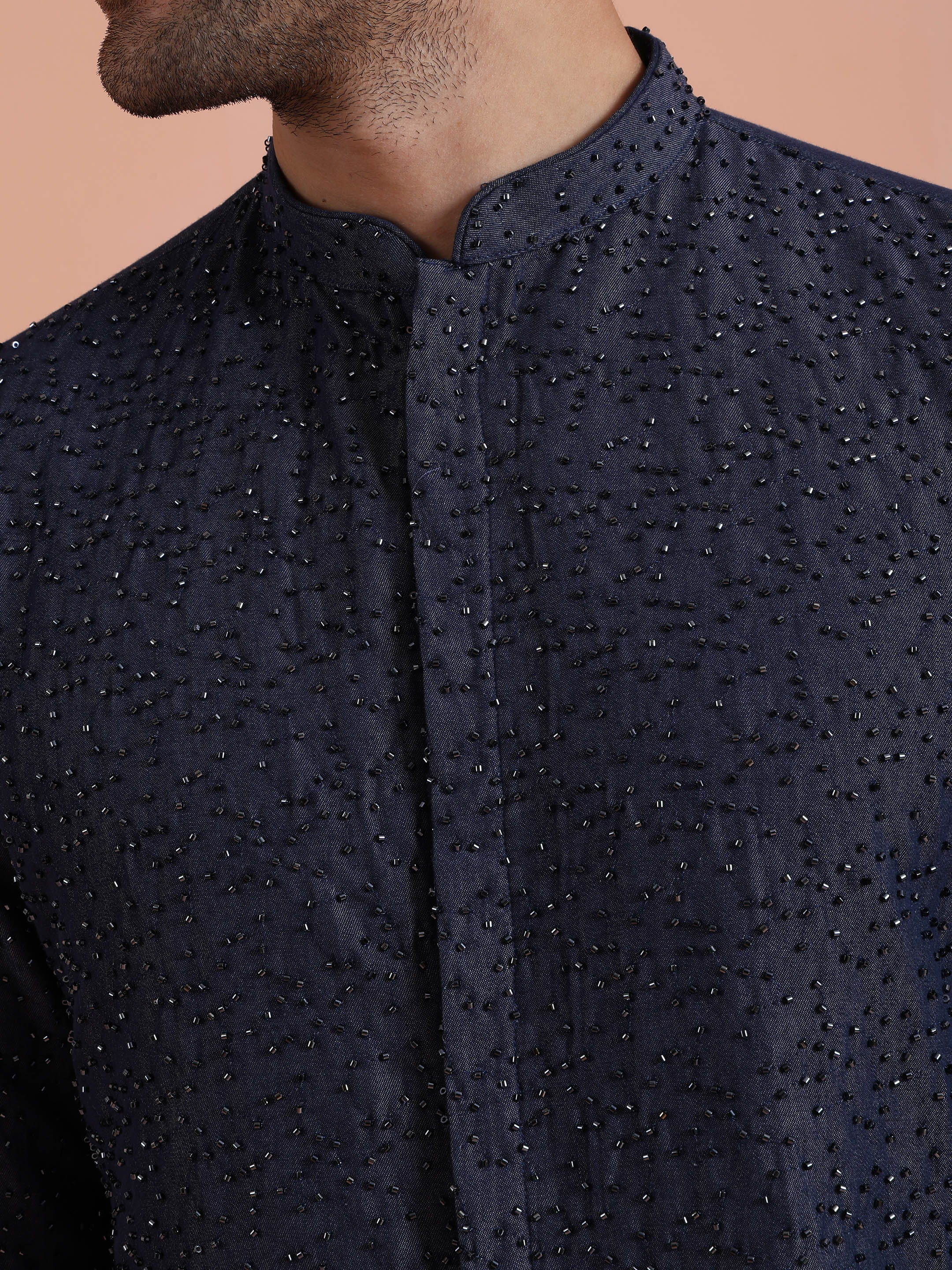 Navy Blue Embellished Cotton Kurta Trouser Set - Image 5