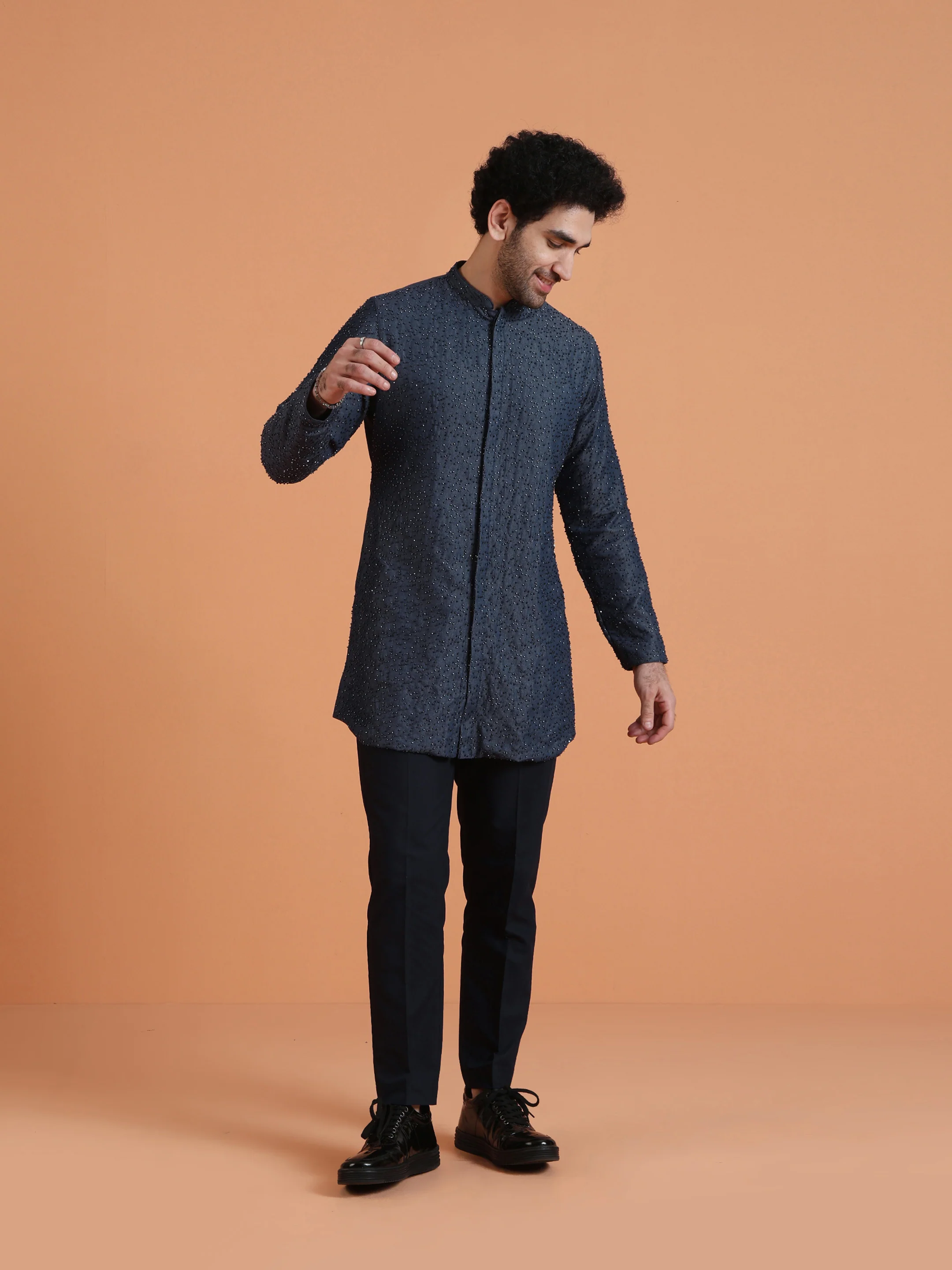 Navy Blue Embellished Front Open Mid Kurta with Trouser Set