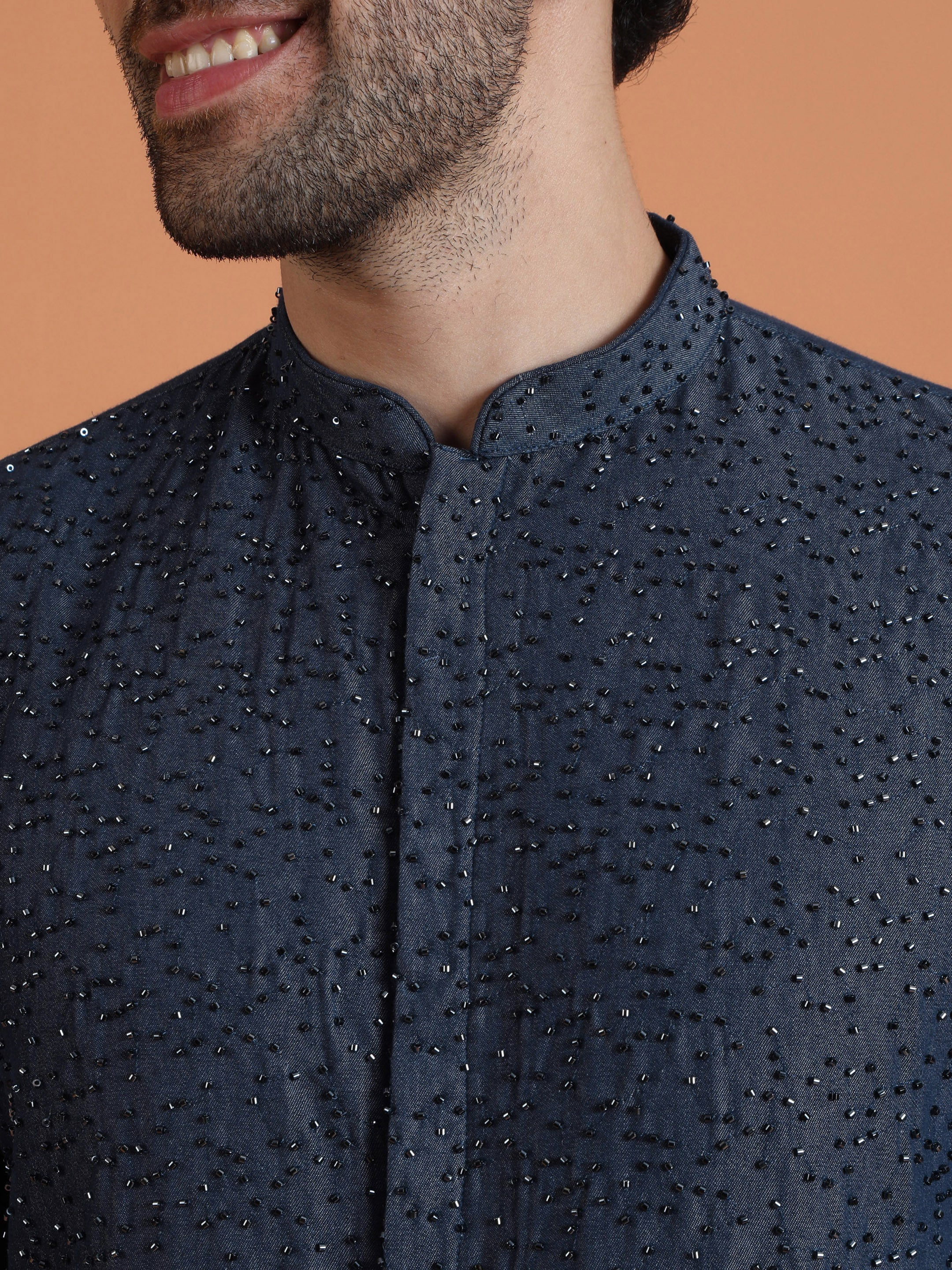 Navy Blue Embellished Front Open Mid Kurta with Trouser Set - Image 5