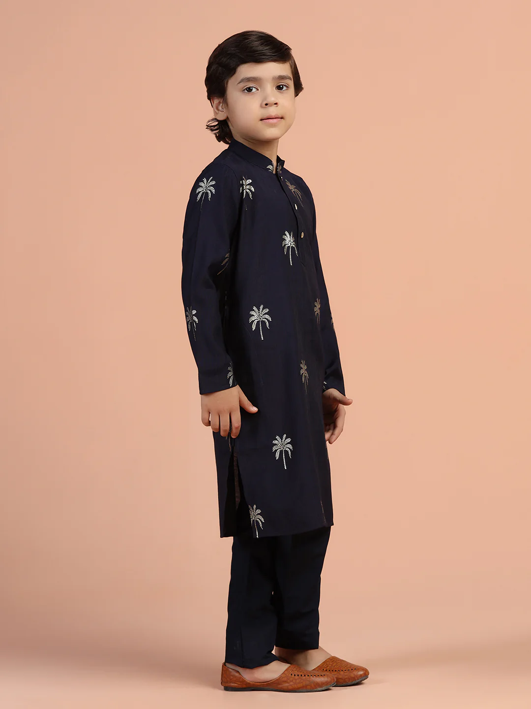 Navy Blue Embroidered Kids Kurta Set - Image 3