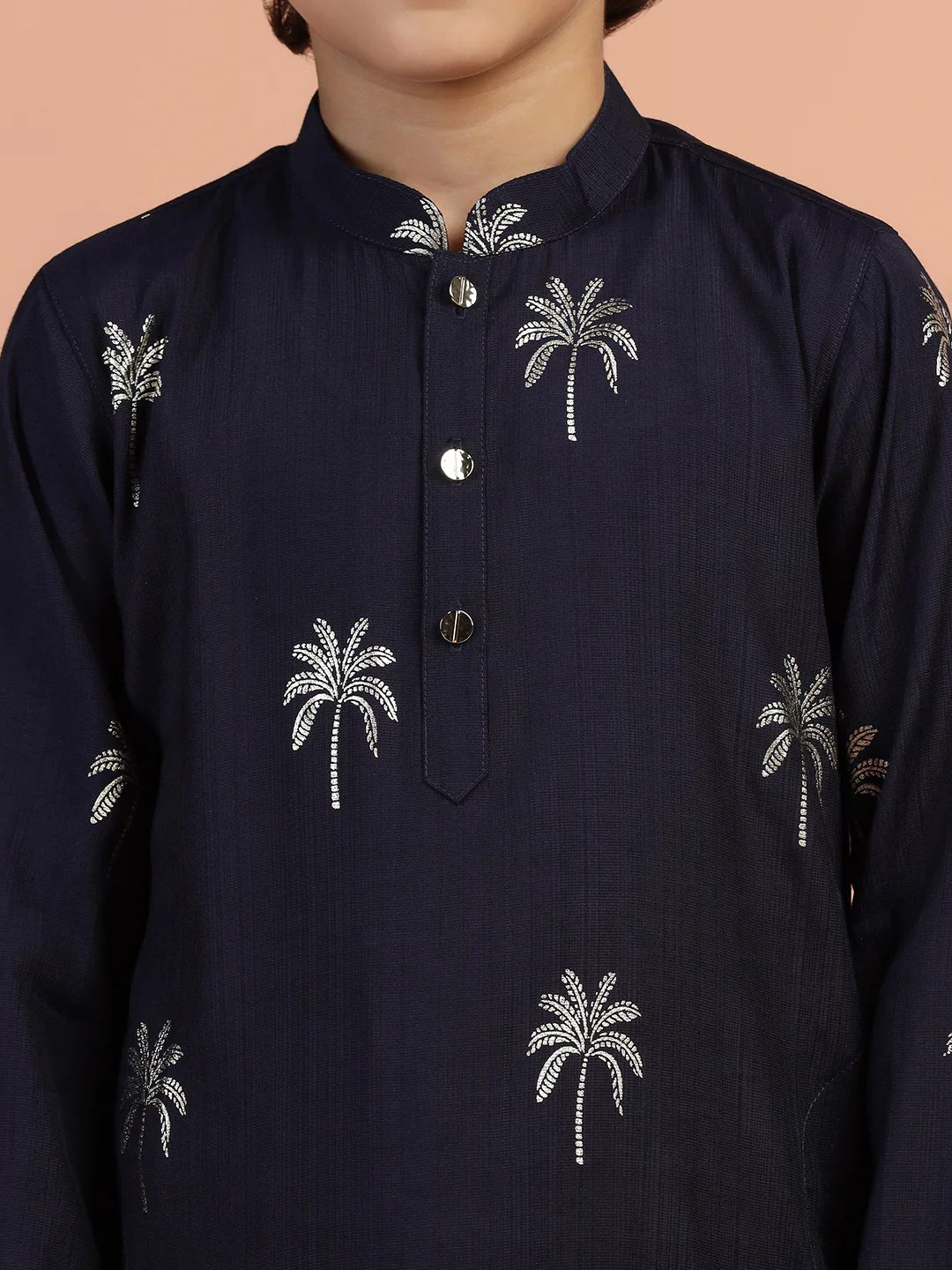 Navy Blue Embroidered Kids Kurta Set - Image 5