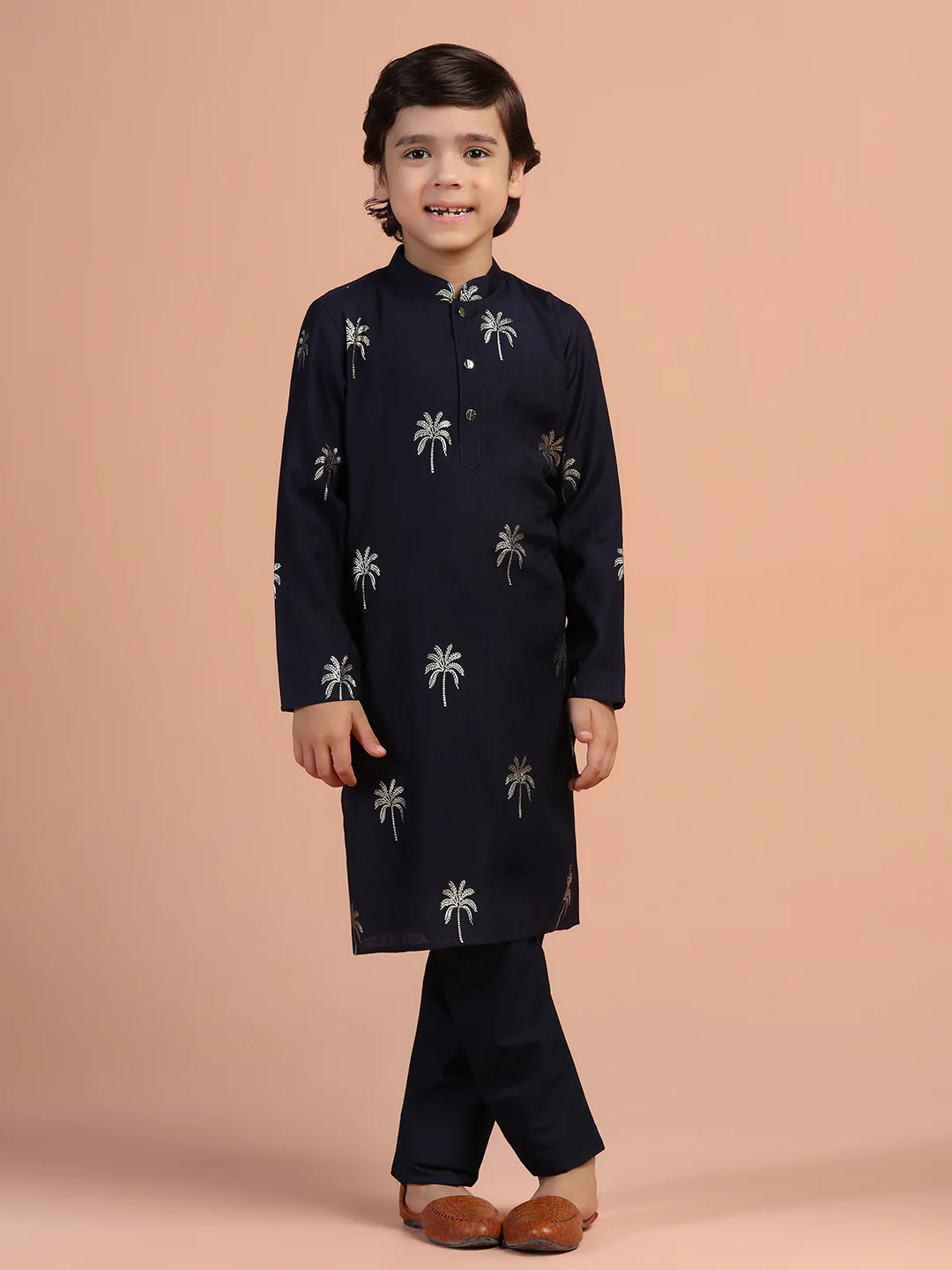 Navy Blue Embroidered Kids Kurta Set - Image 8