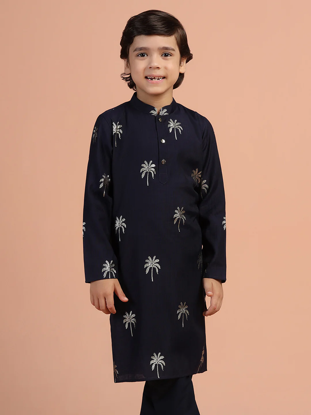 Navy Blue Embroidered Kids Kurta Set - Image 9