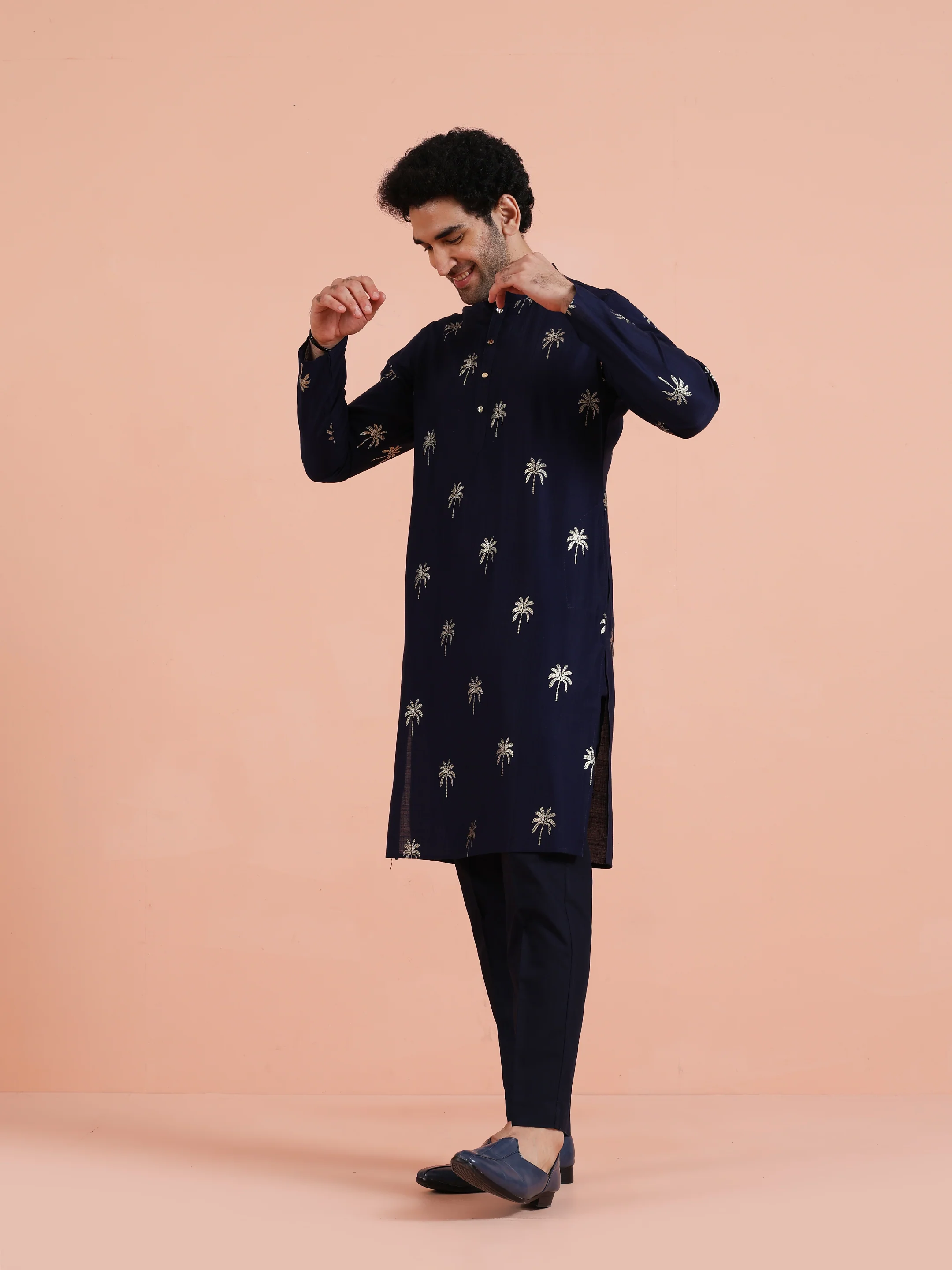 Navy Blue Printed Kurta Trouser Set - Image 2