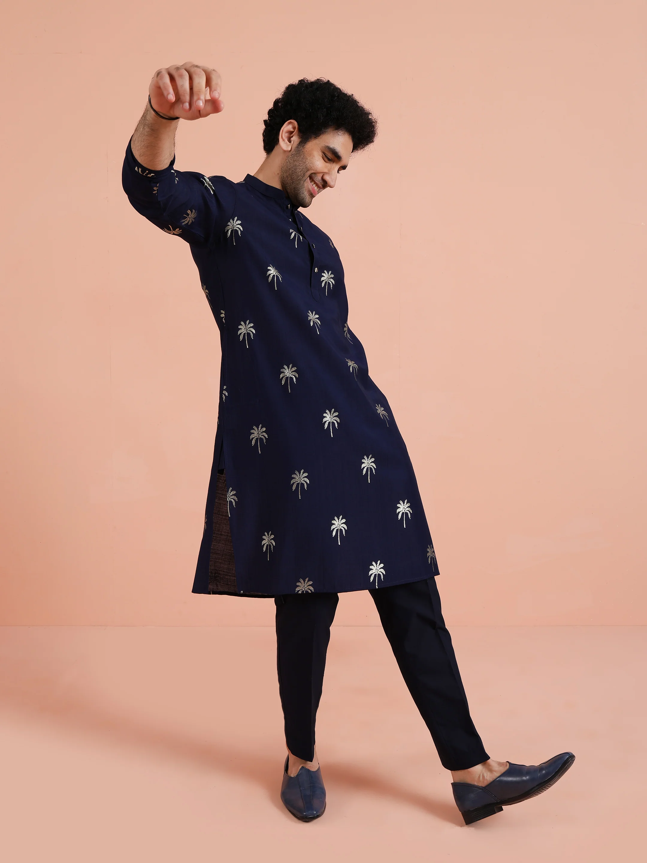 Navy Blue Printed Kurta Trouser Set - Image 7