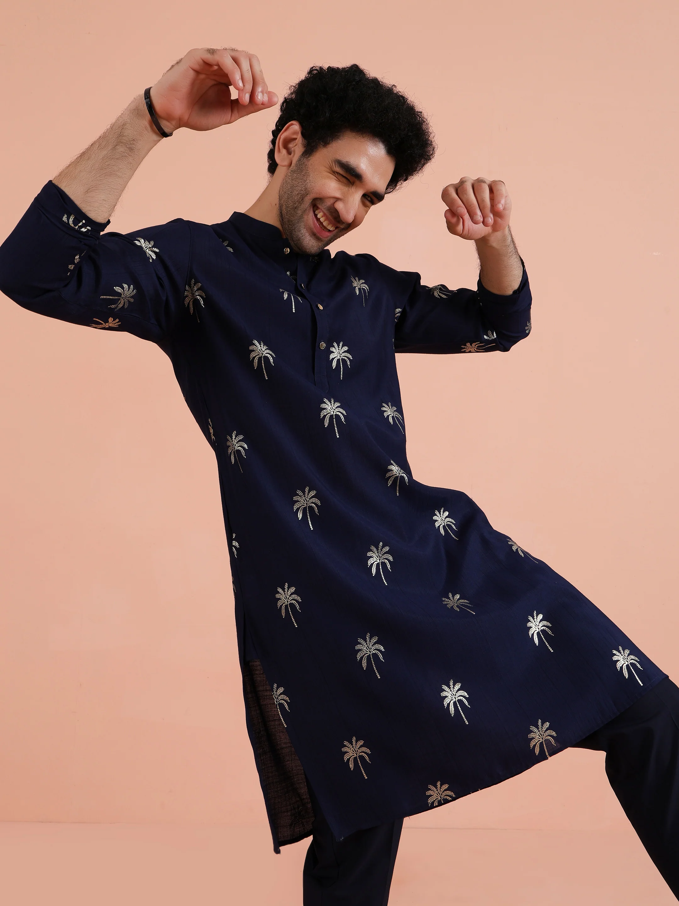 Navy Blue Printed Kurta Trouser Set - Image 9