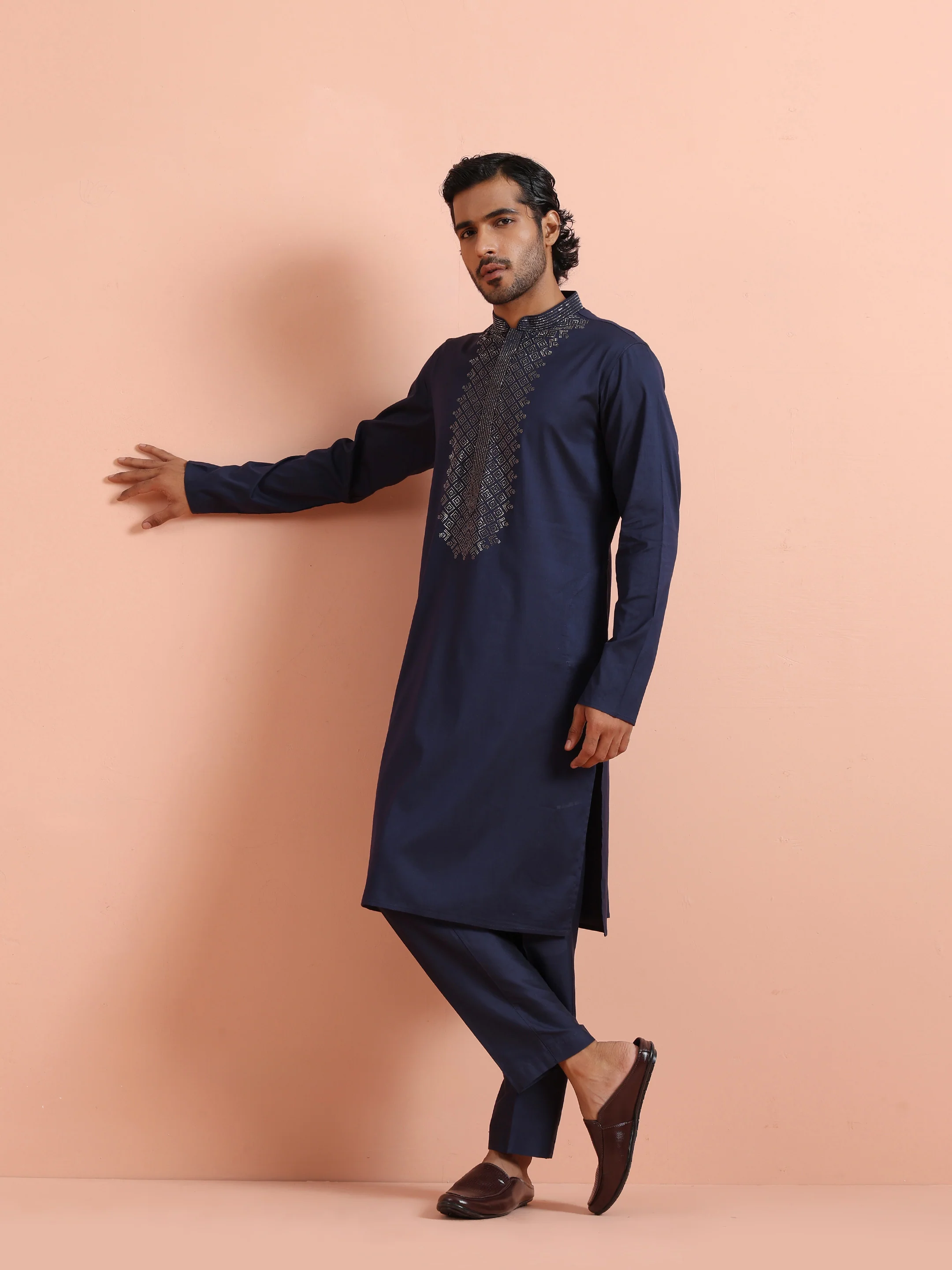 Navy Blue Embroidered Kurta Trouser Set - Image 6