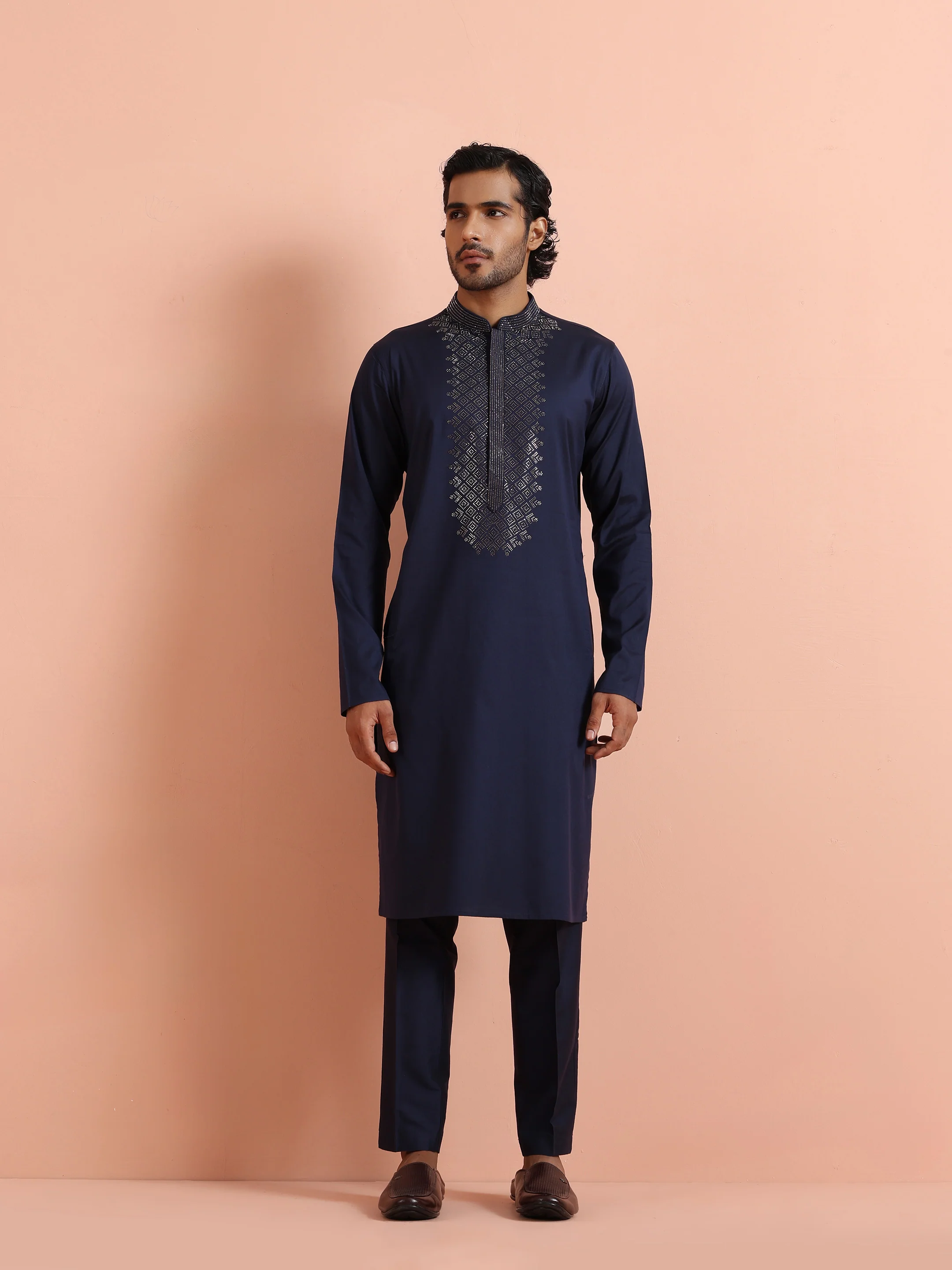 Navy Blue Embroidered Kurta Trouser Set - Image 7