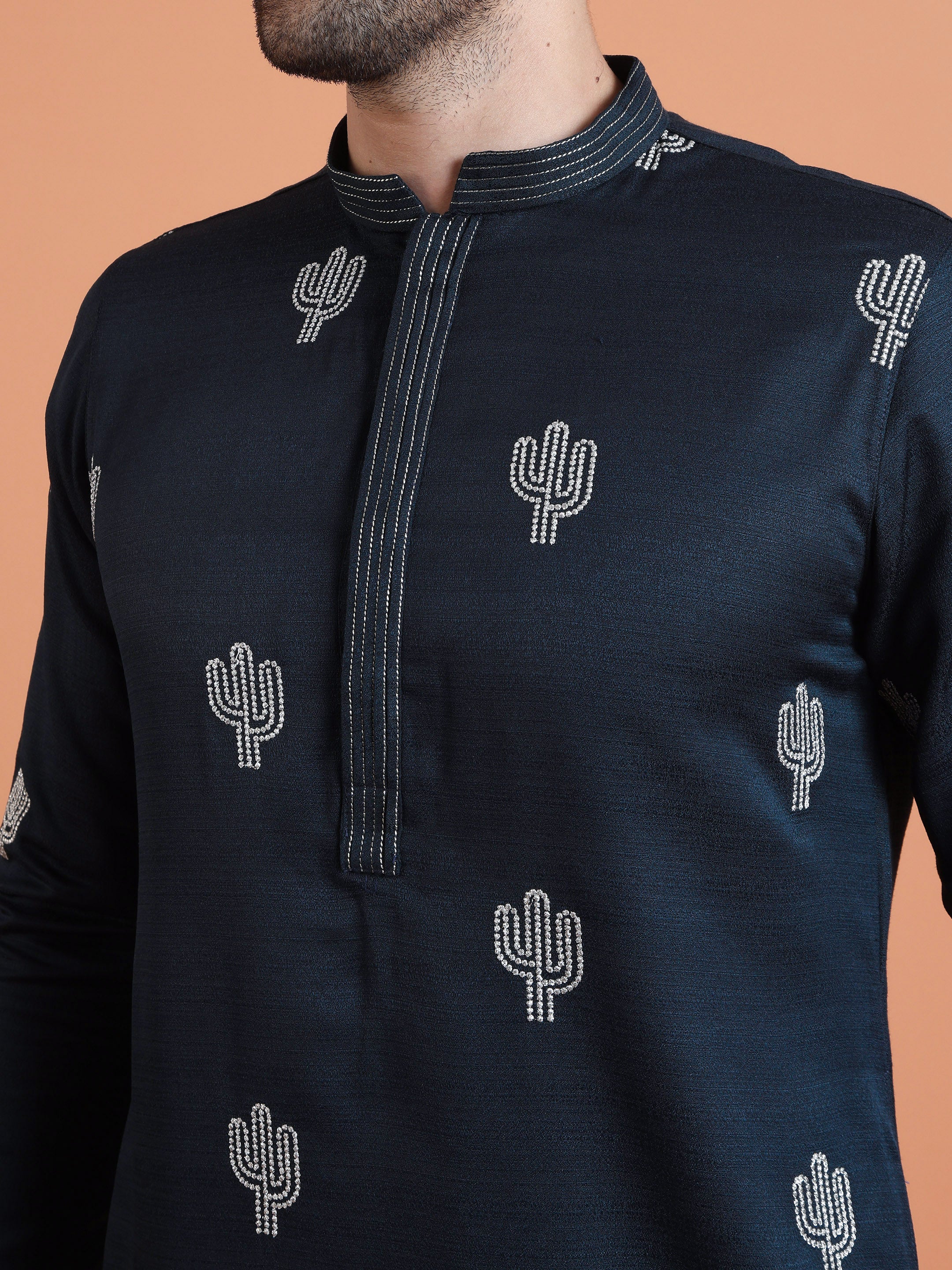 Navy Blue Embroidered Kurta with Navy Trouser Set – Contemporary Wear - Image 5