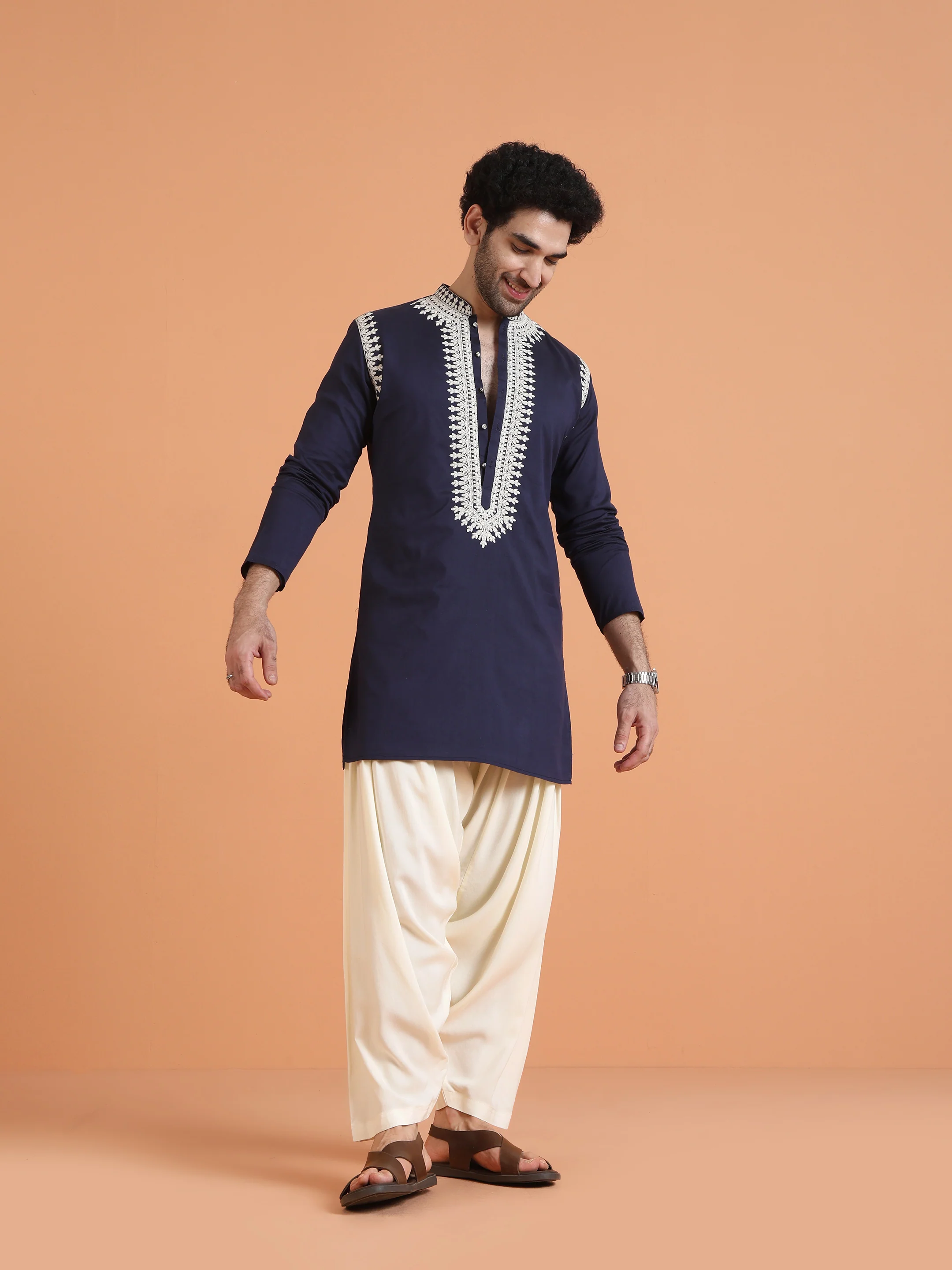 Navy Blue Embroidered Kurta with White Patiyala Set