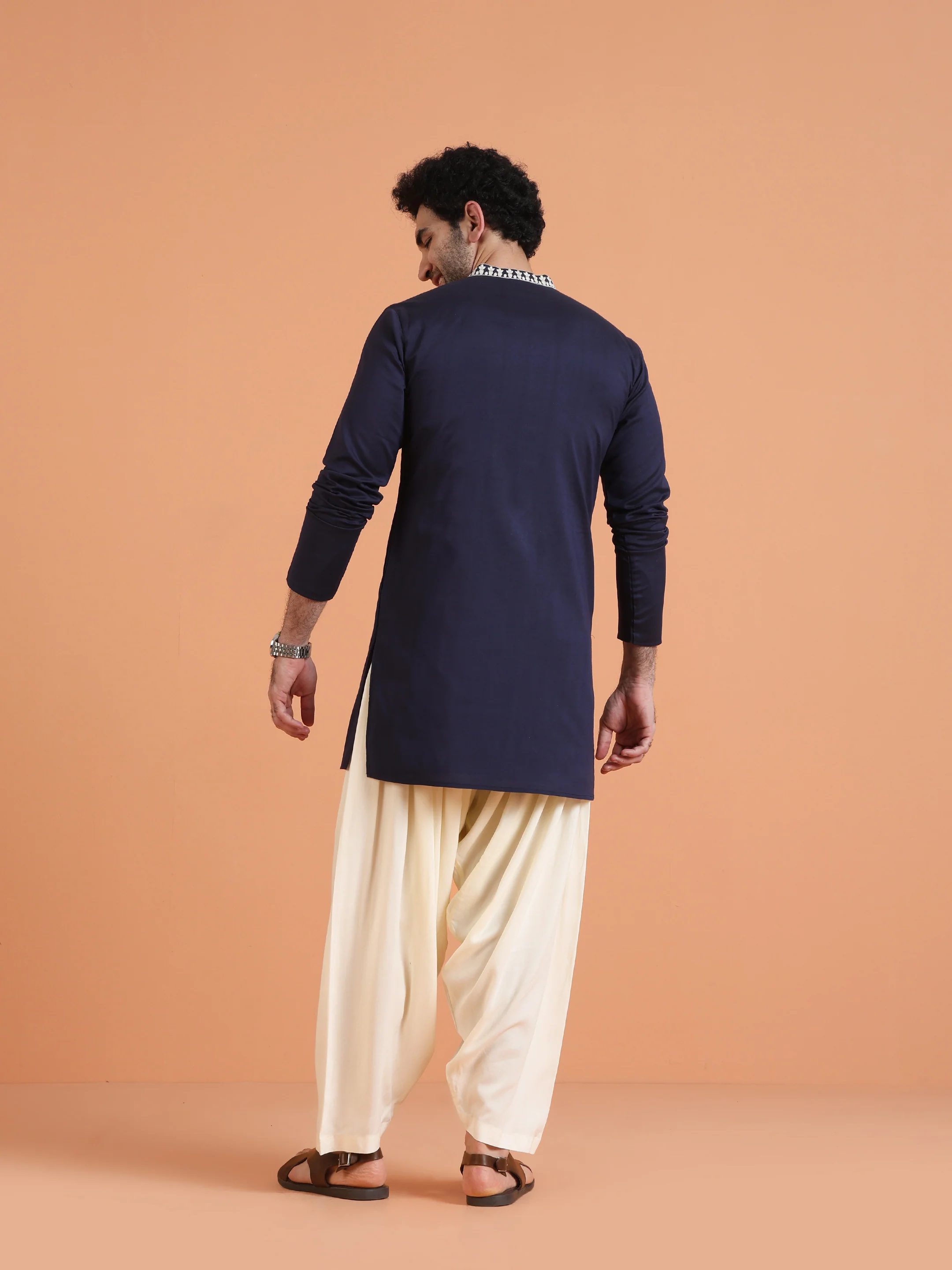 Navy Blue Embroidered Kurta with White Patiyala Set - Image 3