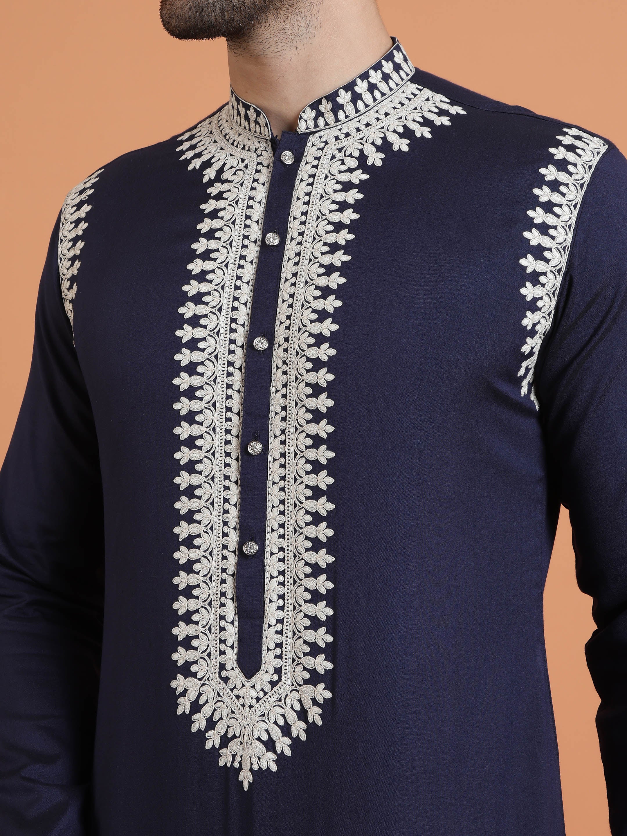 Navy Blue Embroidered Mid Kurta - Image 5