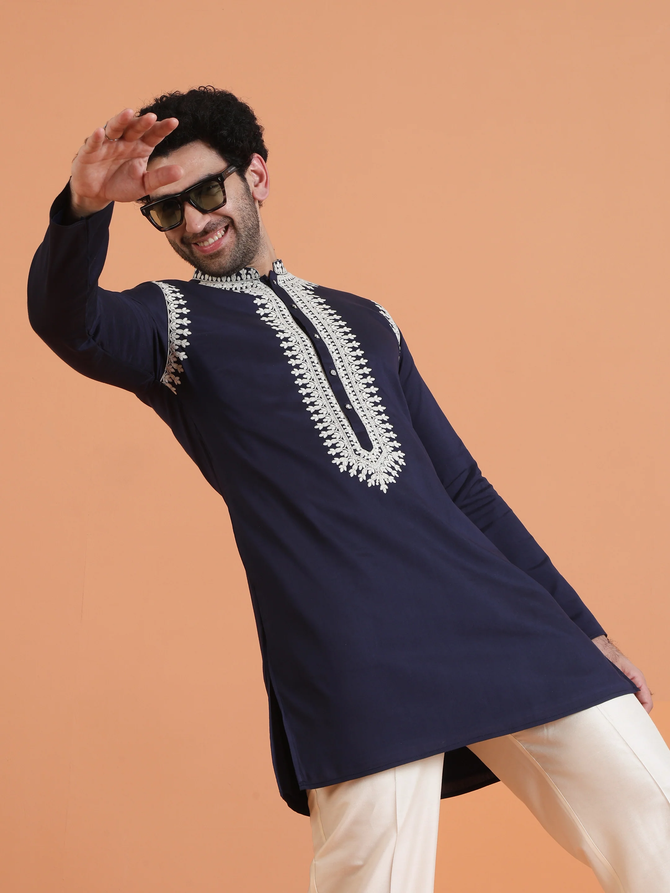 Navy Blue Embroidered Mid Kurta - Image 8