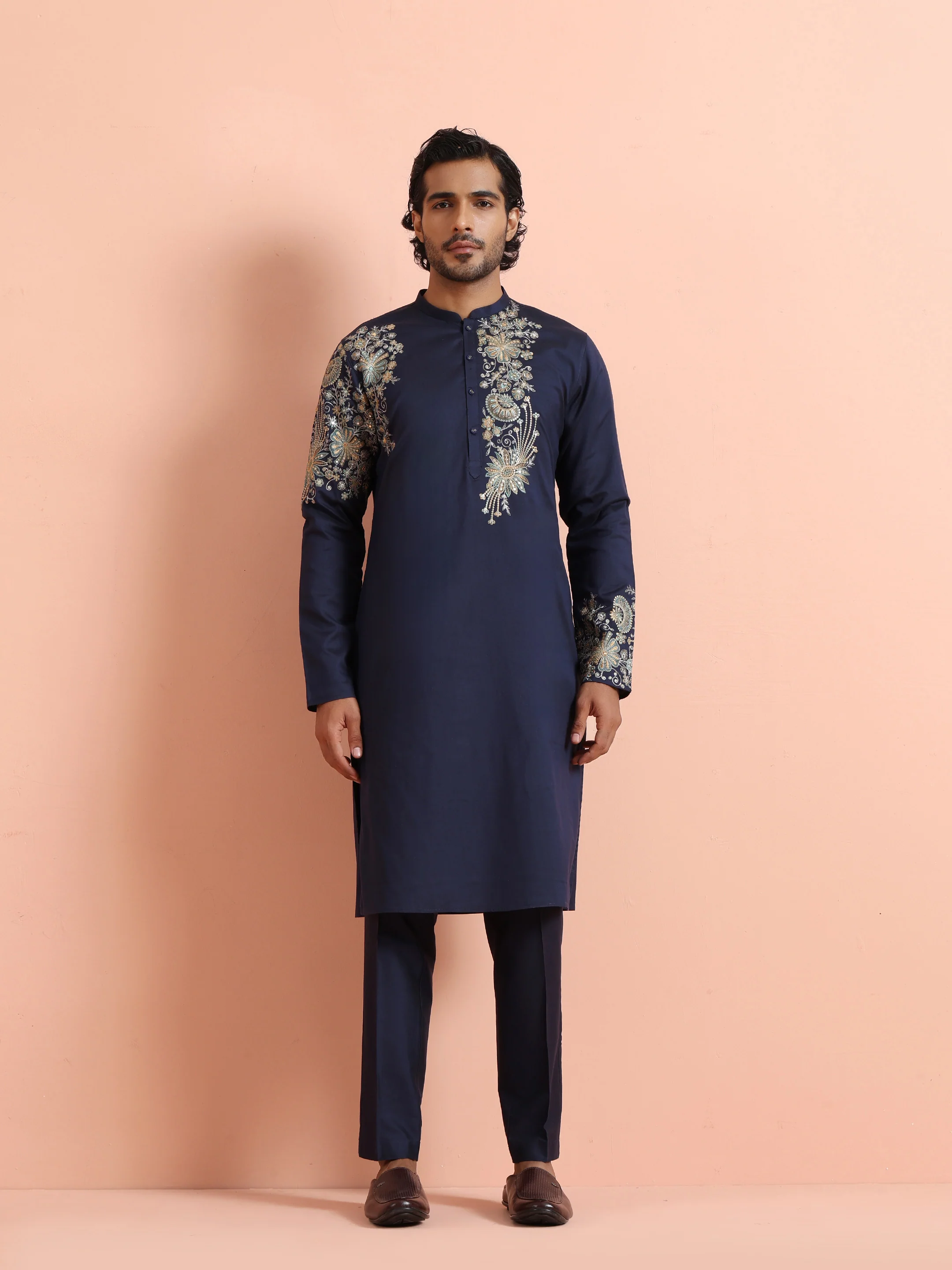 Navy Blue Floral Embroidered Kurta Trouser Set - Image 8